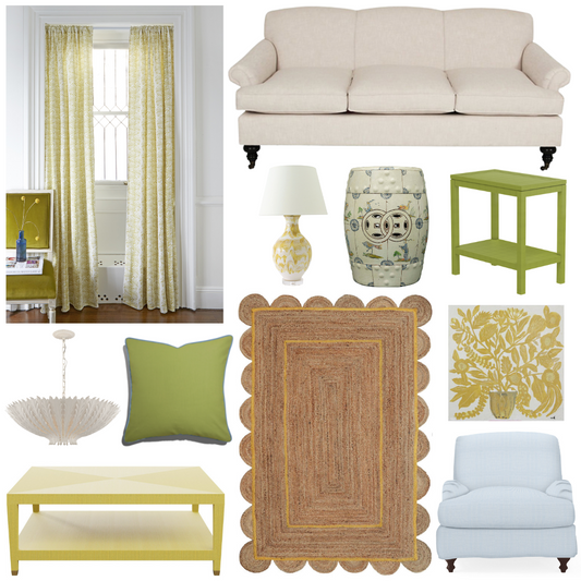 Living room featuring our Yellow Stripe Chartreuse Custom Curtains Style Guide