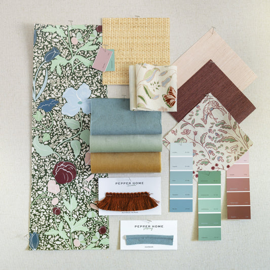 A mood board featuring Pepper Home's "From France with Love" collection, showcasing floral fabrics, textured textiles, and a harmonious palette of greens, blues, and warm neutrals.