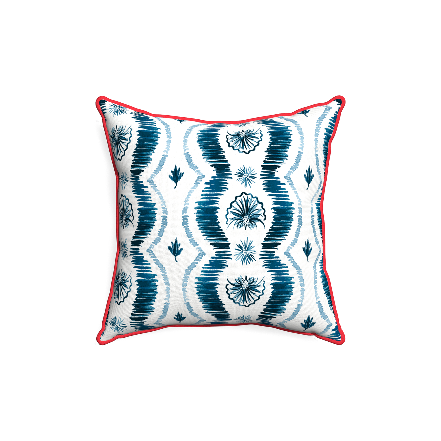 18-square alice custom blue ikatpillow with cherry piping on white background