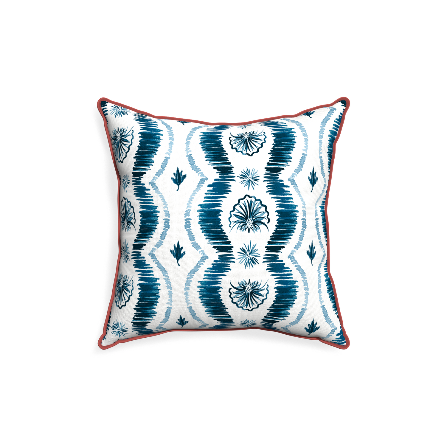 square Blue Ikat Stripe Pillow with pink velvet piping