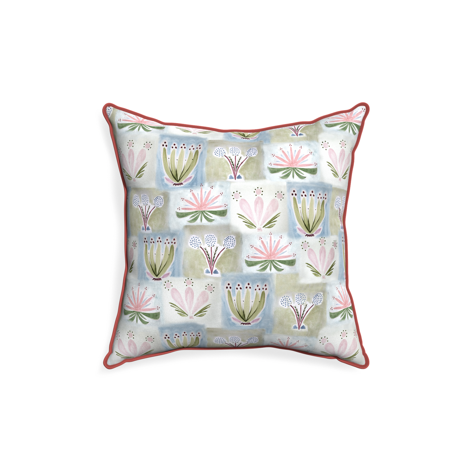 18-square harper custom hand-painted floralpillow with c piping on white background