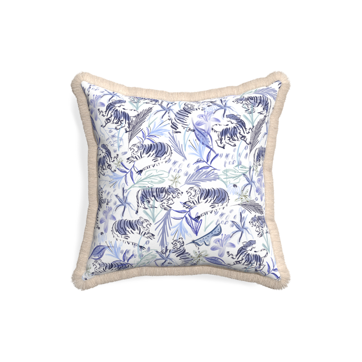 18-square frida blue custom blue with intricate tiger designpillow with cream fringe on white background