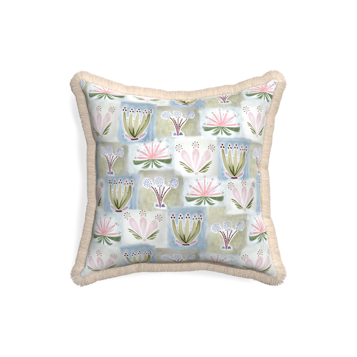 18-square harper custom hand-painted floralpillow with cream fringe on white background