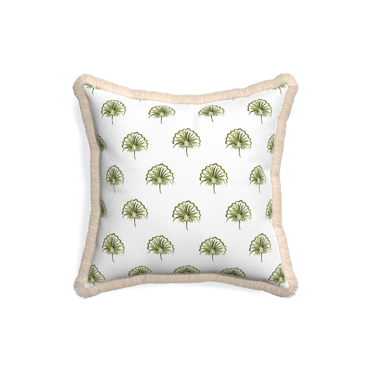 18-square penelope moss custom green floralpillow with cream fringe on white background