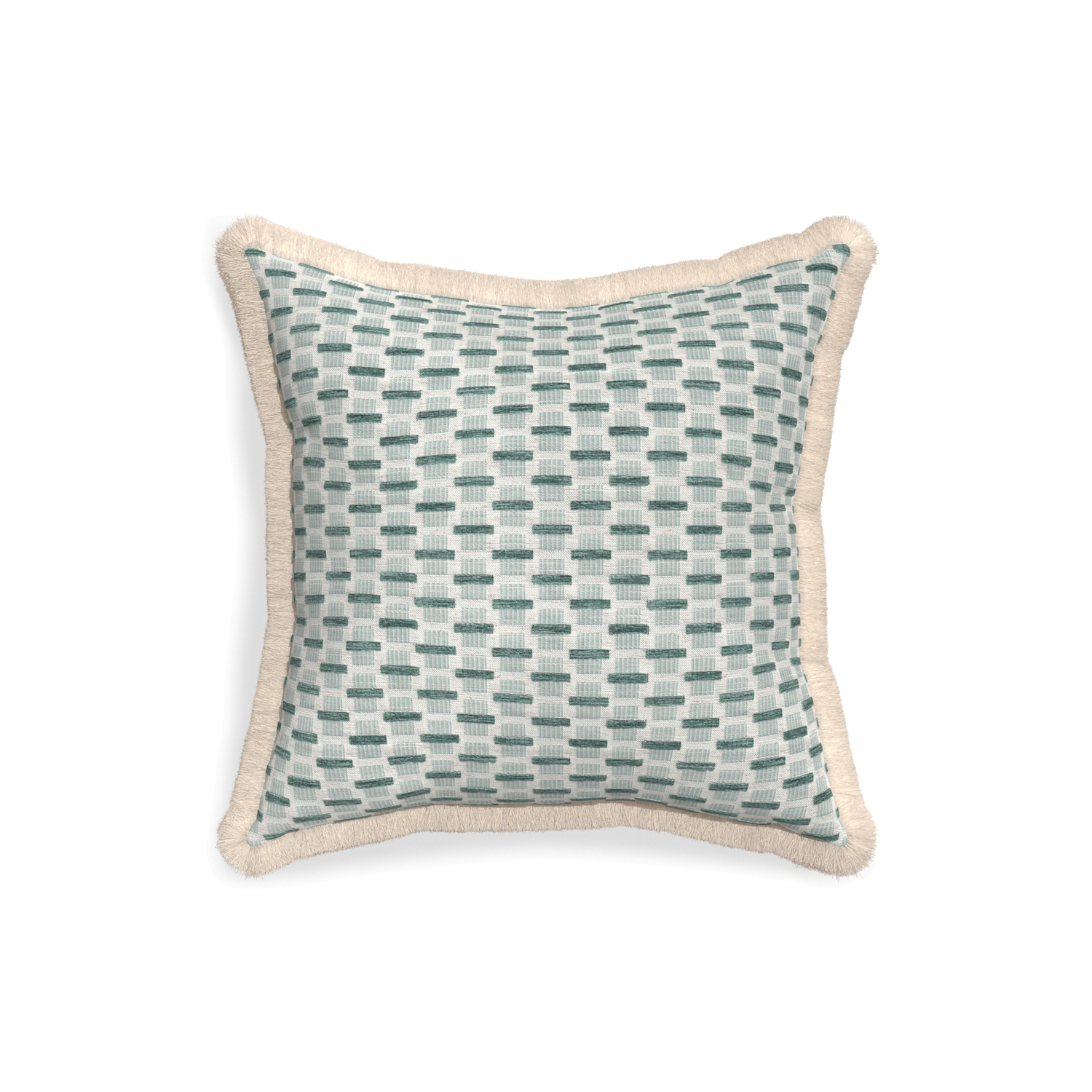 18-square willow mint custom green geometric chenillepillow with cream fringe on white background