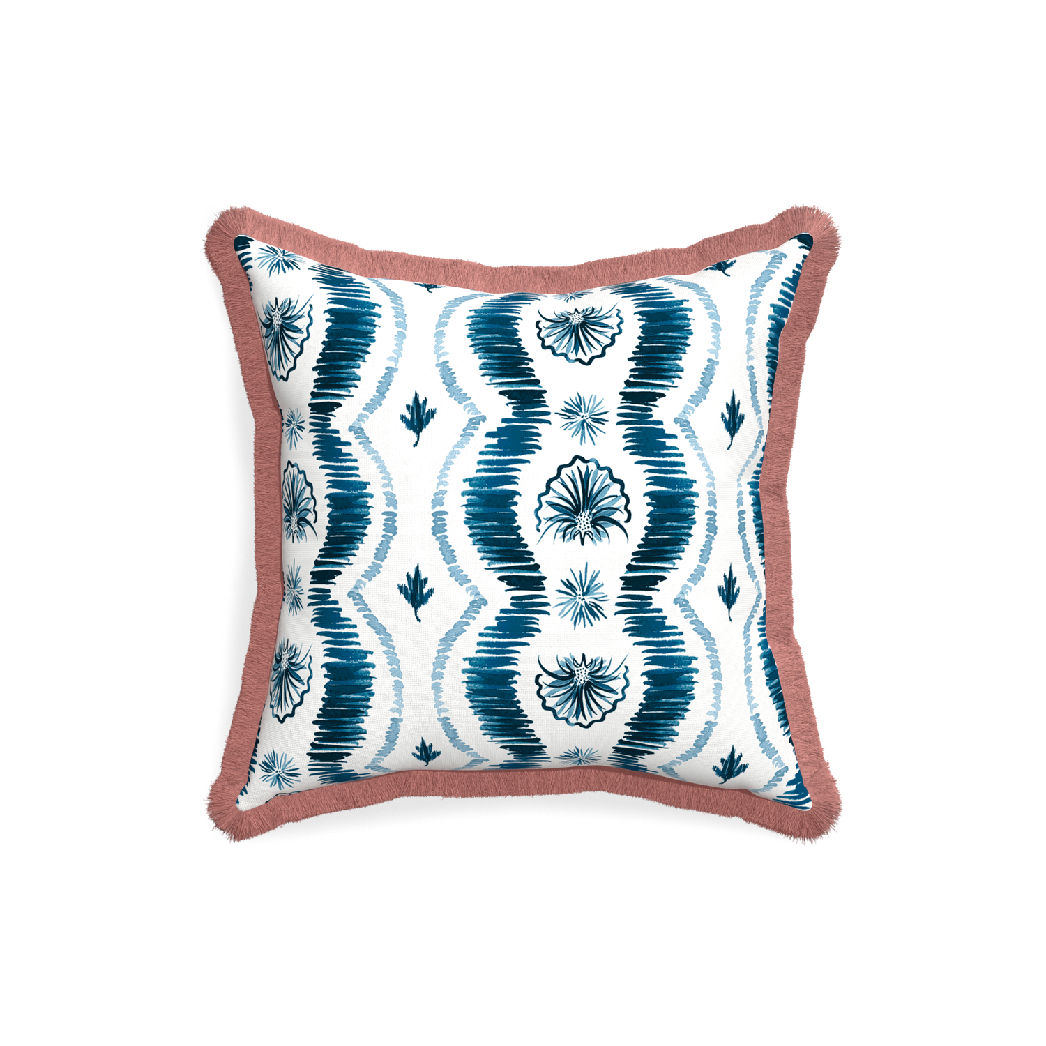 18 inch Square Blue Ikat Stripe Pillow with dusty rose fringe