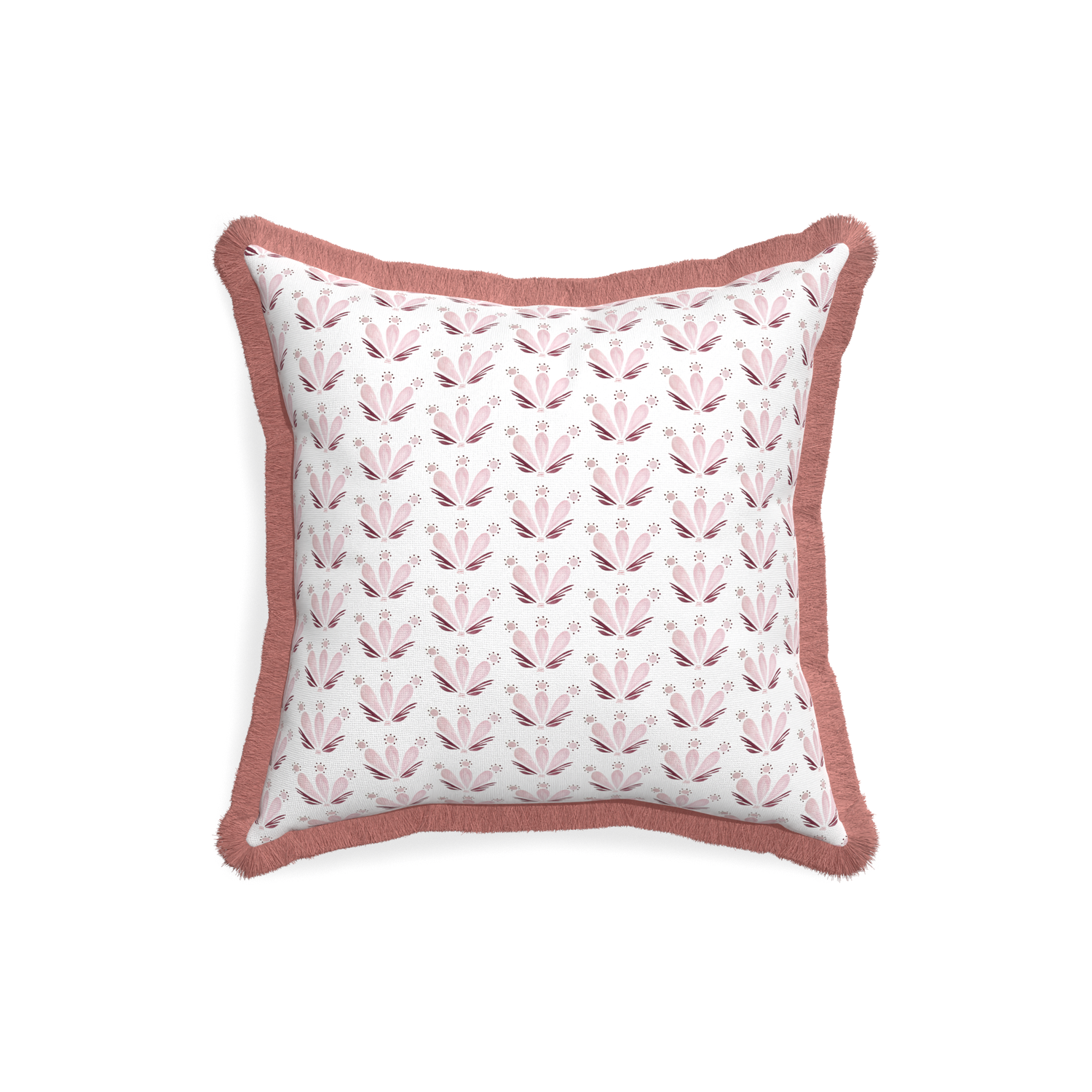 18-square serena pink custom pink & burgundy drop repeat floralpillow with d fringe on white background