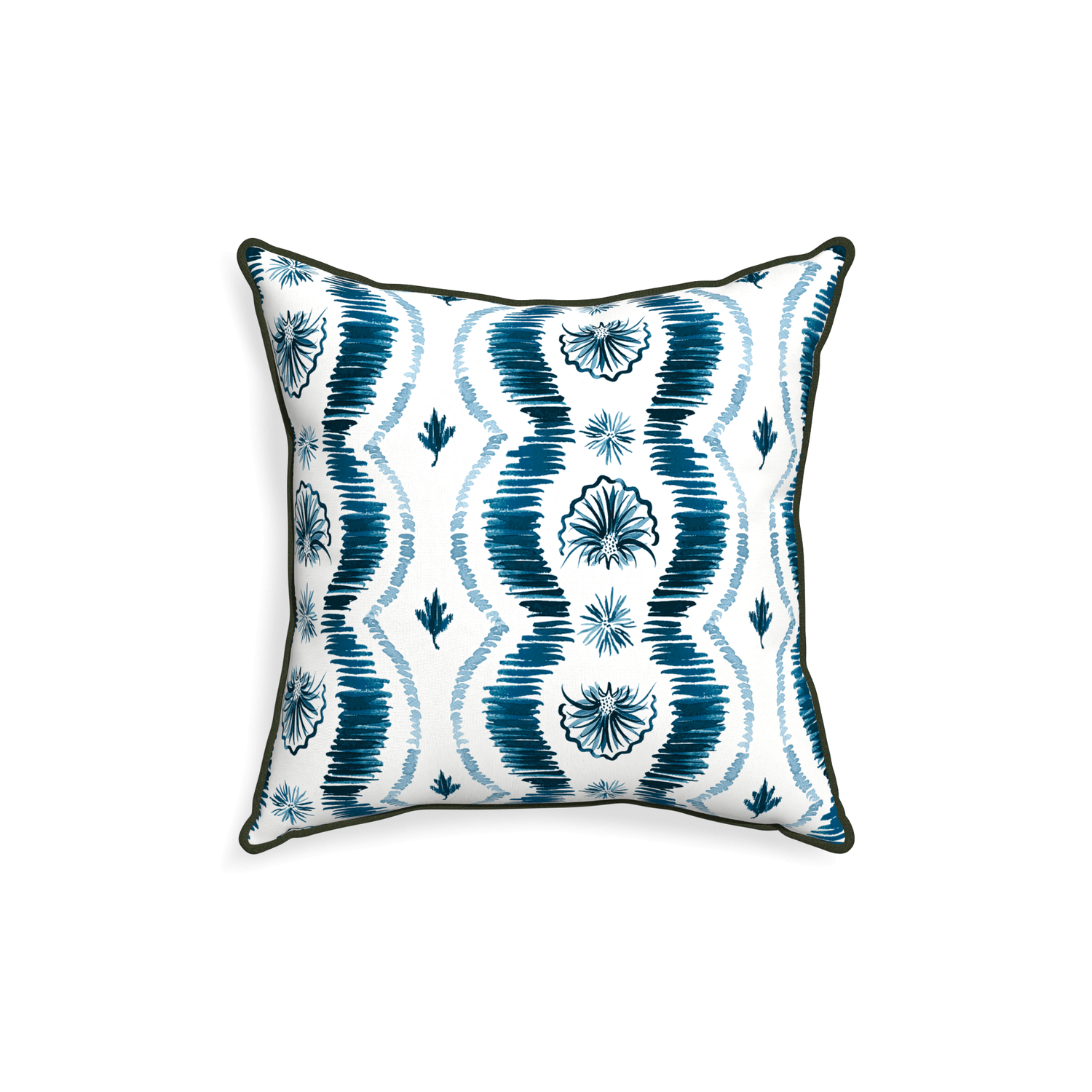 18-square alice custom blue ikatpillow with f piping on white background