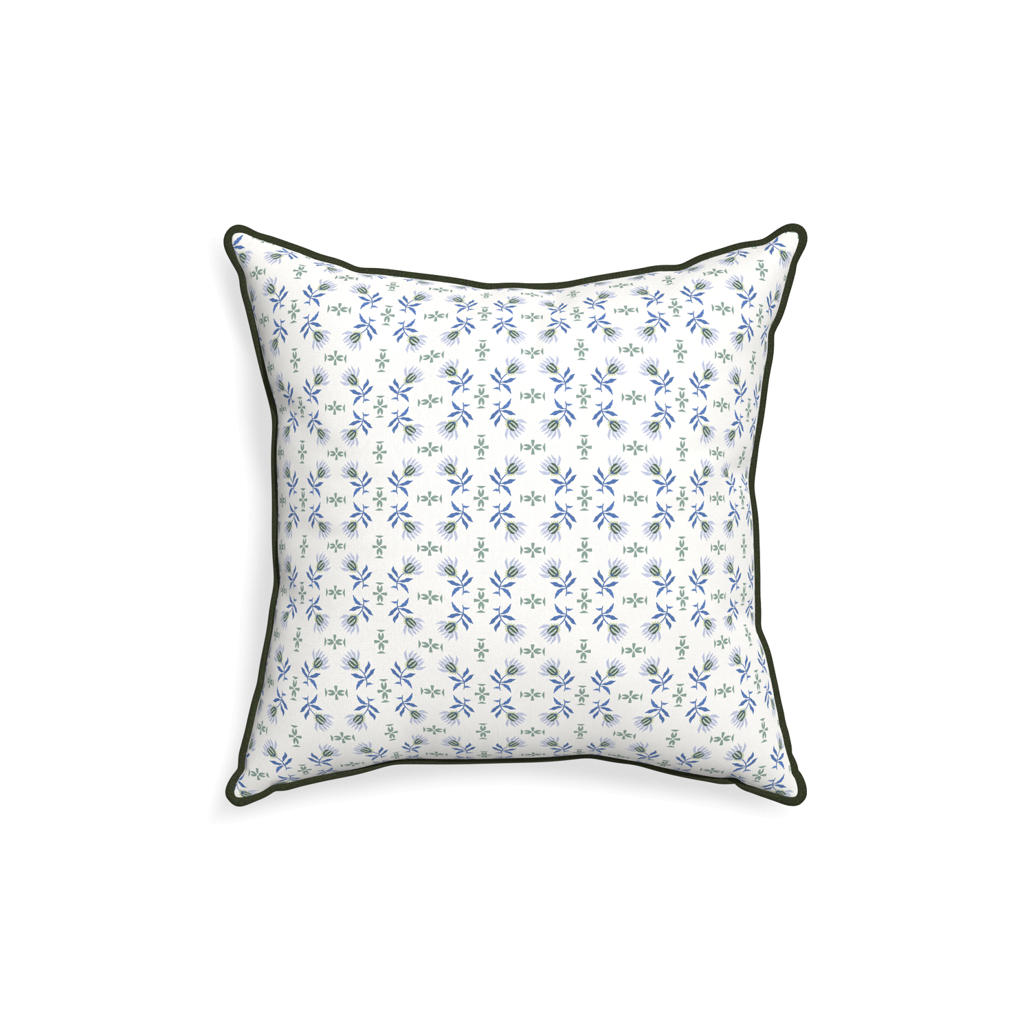 18-square lee custom blue & green floralpillow with f piping on white background