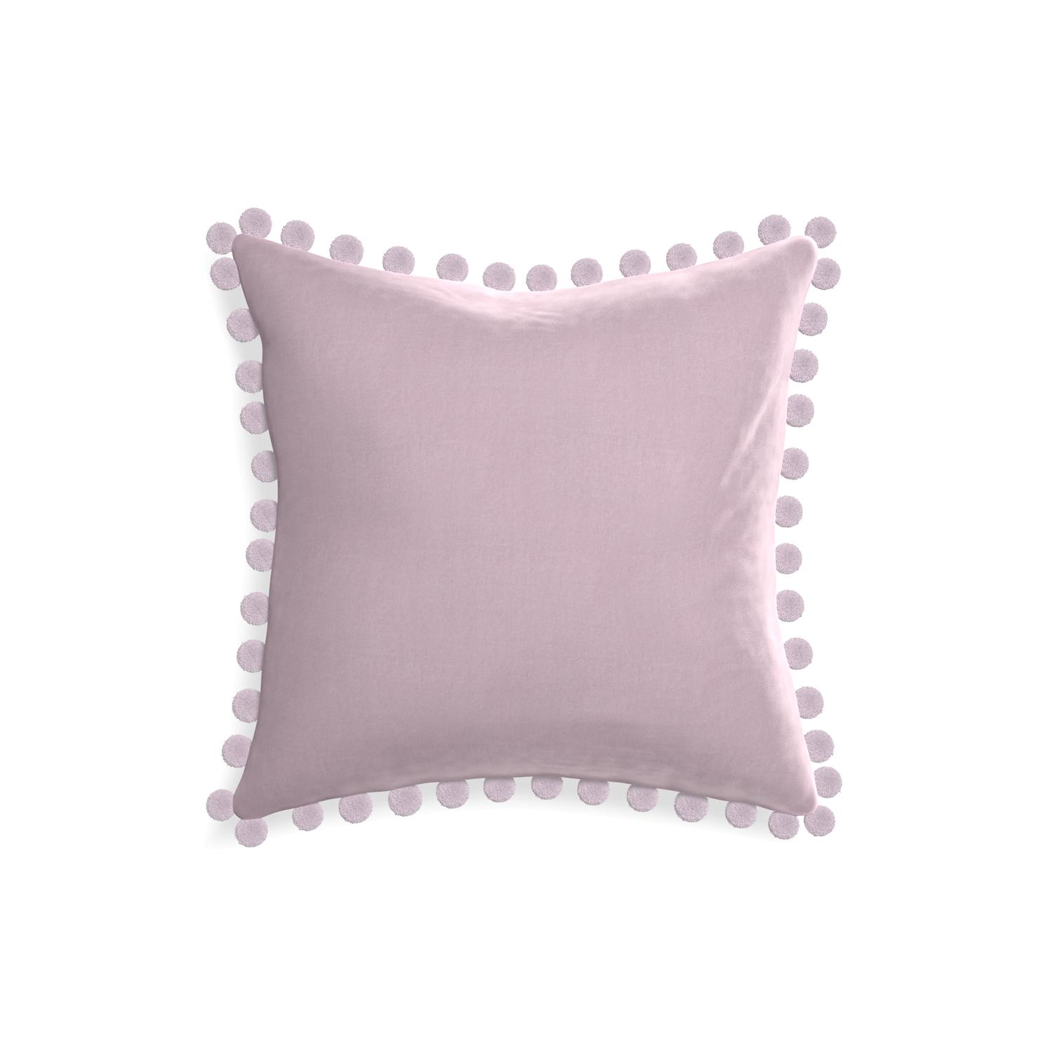 square lilac velvet pillow with lilac pom poms