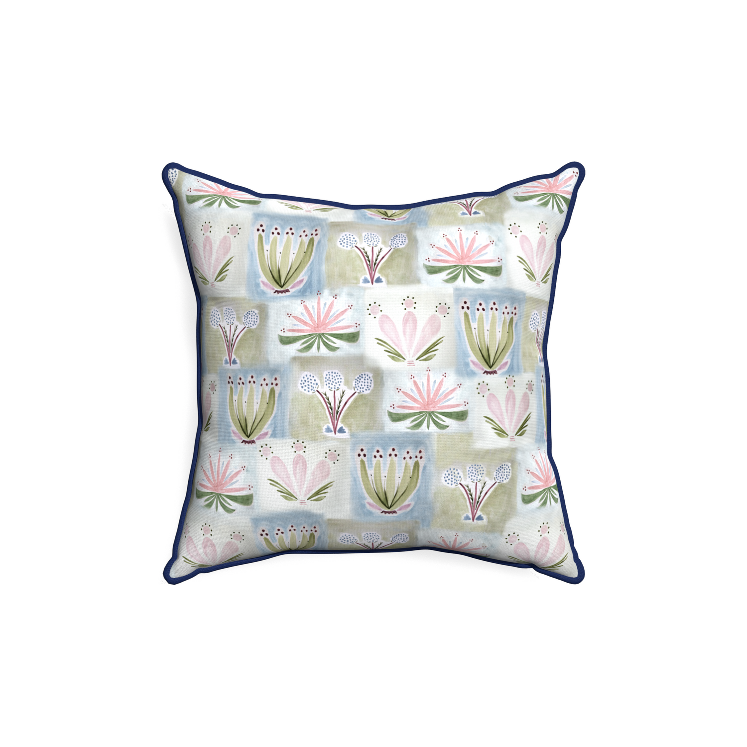 18-square harper custom hand-painted floralpillow with midnight piping on white background