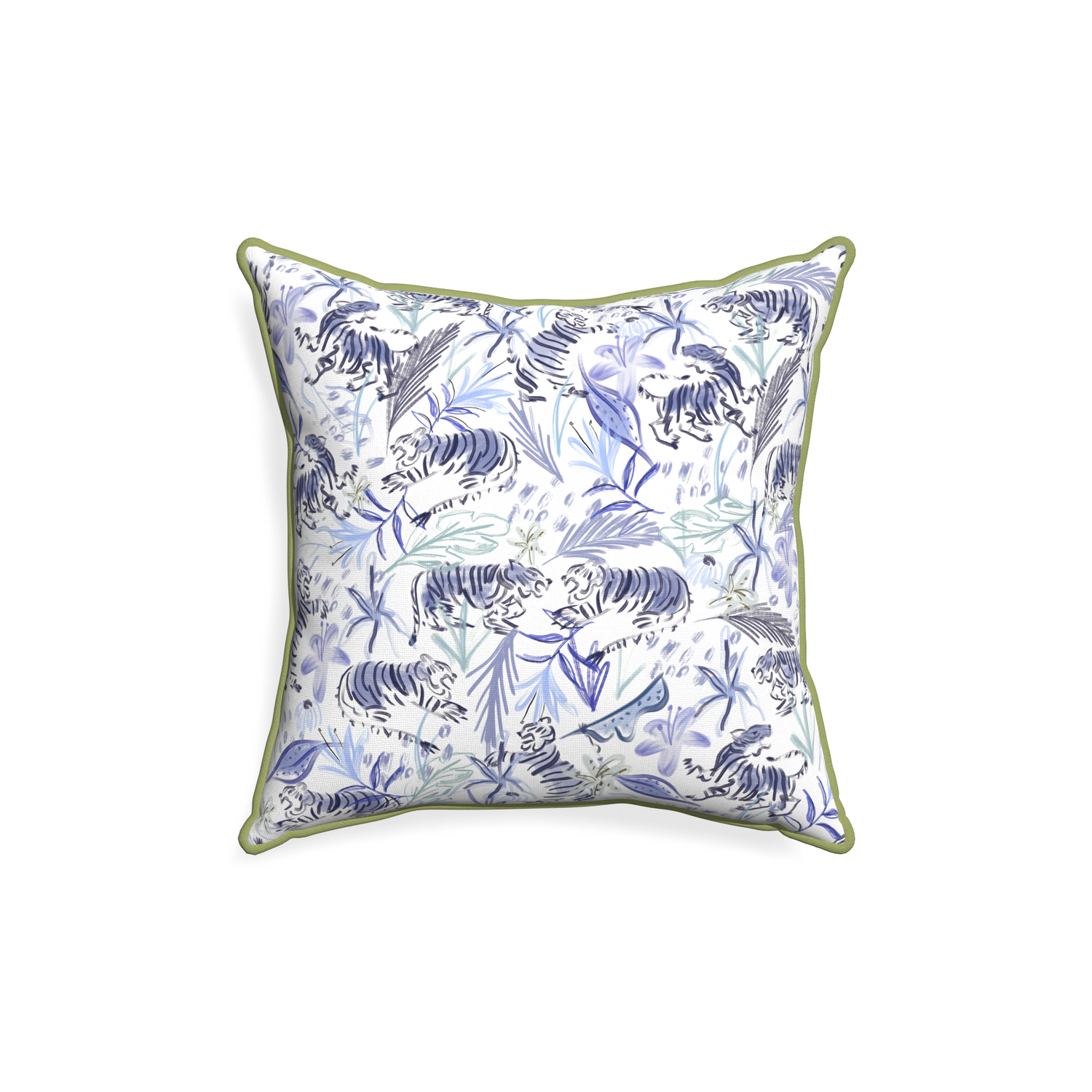 18-square frida blue custom blue with intricate tiger designpillow with moss piping on white background