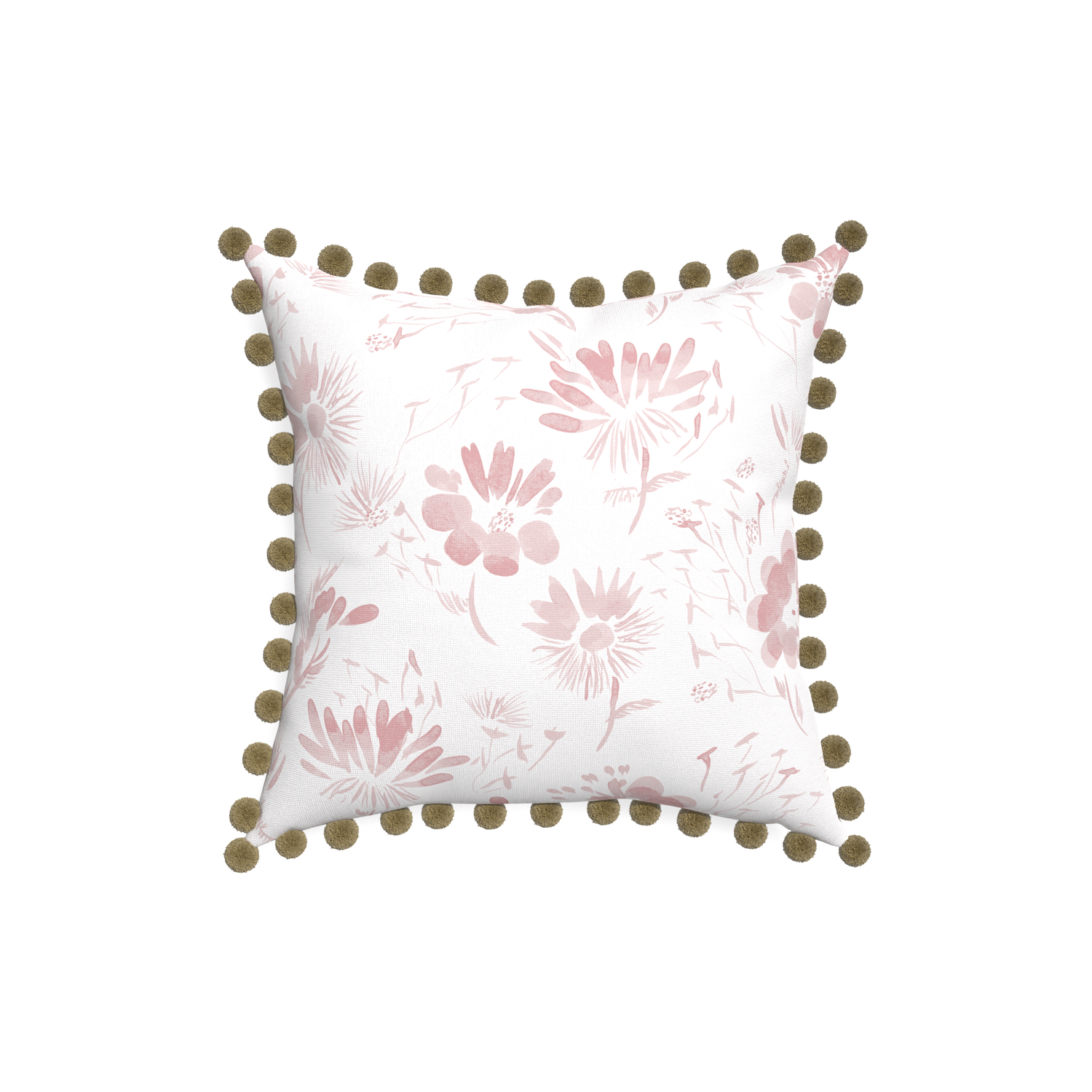 18-square blake custom pink floralpillow with olive pom pom on white background