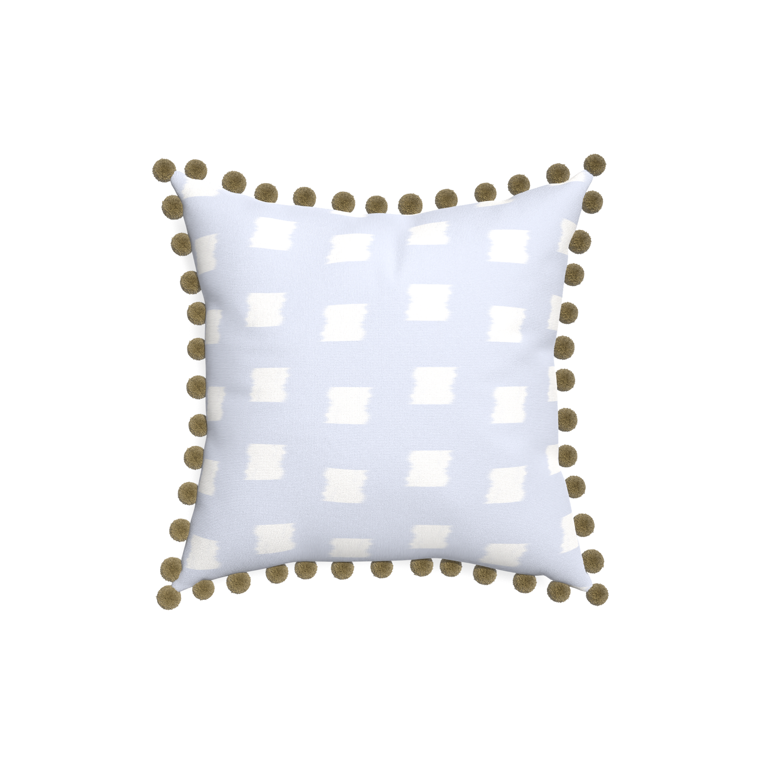 18-square denton custom sky blue patternpillow with olive pom pom on white background