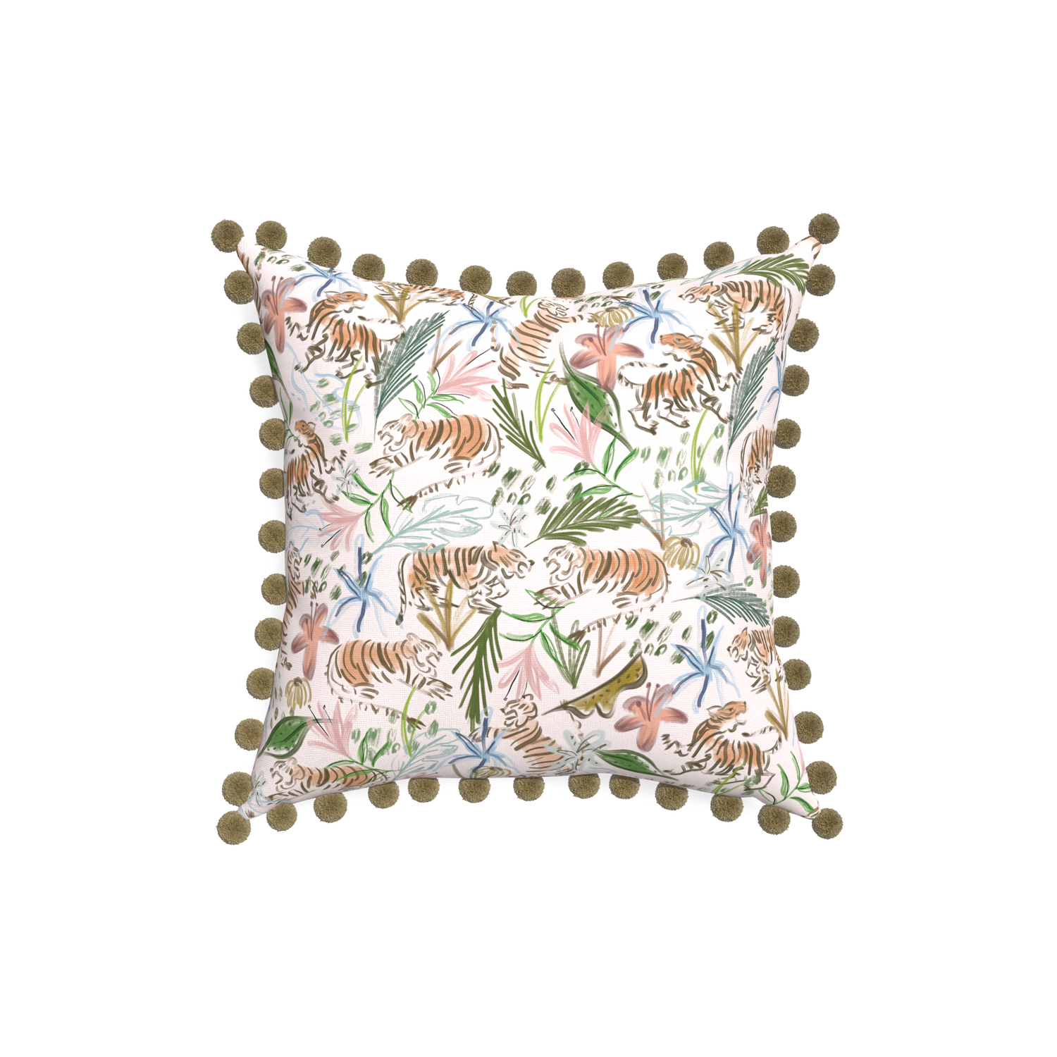18-square frida pink custom pink chinoiserie tigerpillow with olive pom pom on white background