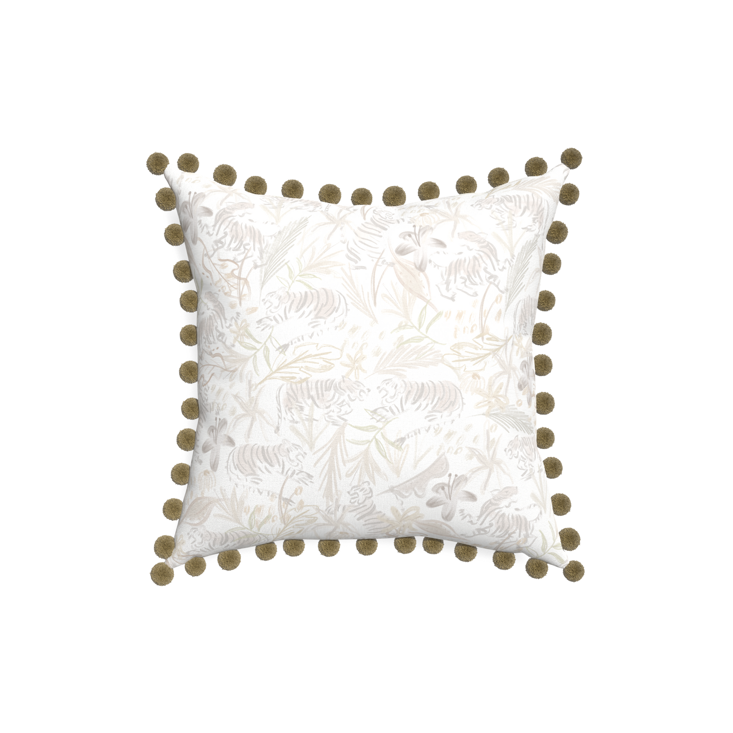 18-square frida sand custom beige chinoiserie tigerpillow with olive pom pom on white background