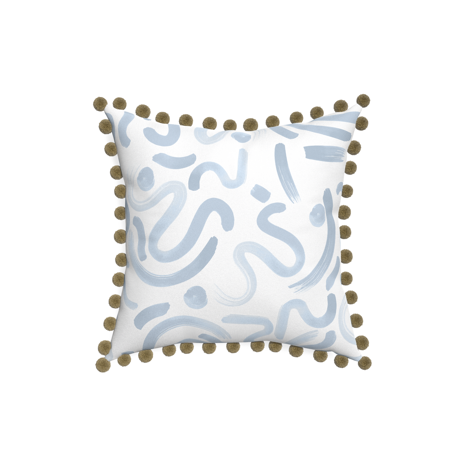 18-square hockney sky custom abstract sky bluepillow with olive pom pom on white background