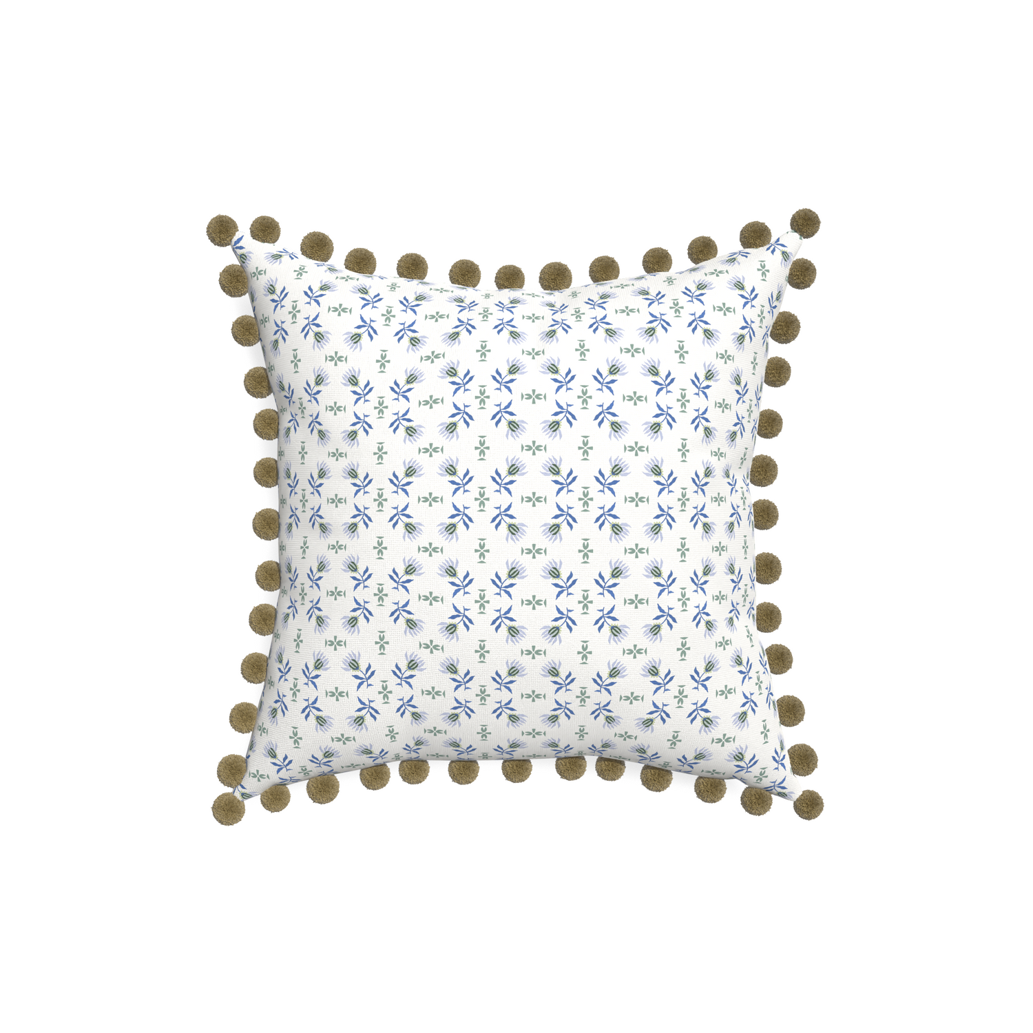18-square lee custom blue & green floralpillow with olive pom pom on white background
