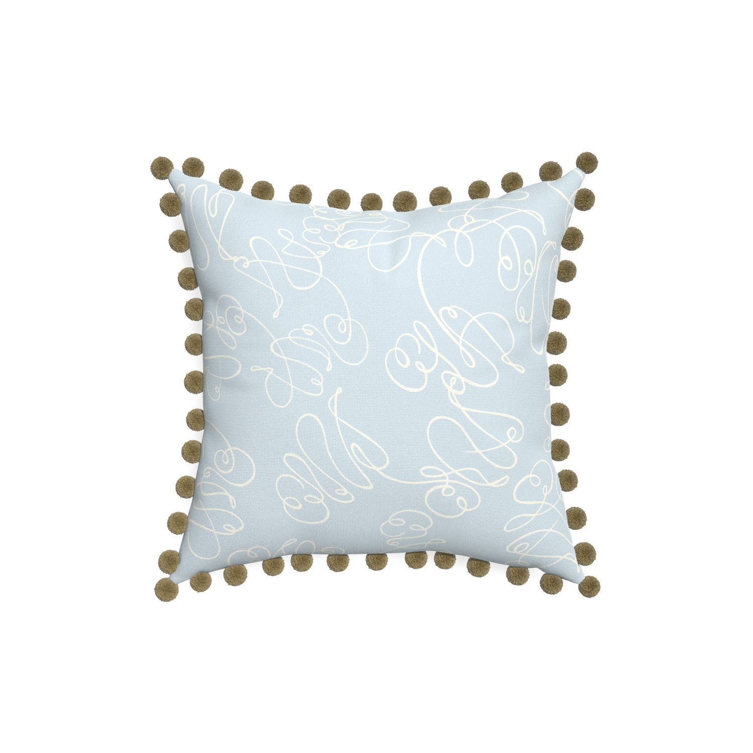 18-square mirabella custom powder blue abstractpillow with olive pom pom on white background