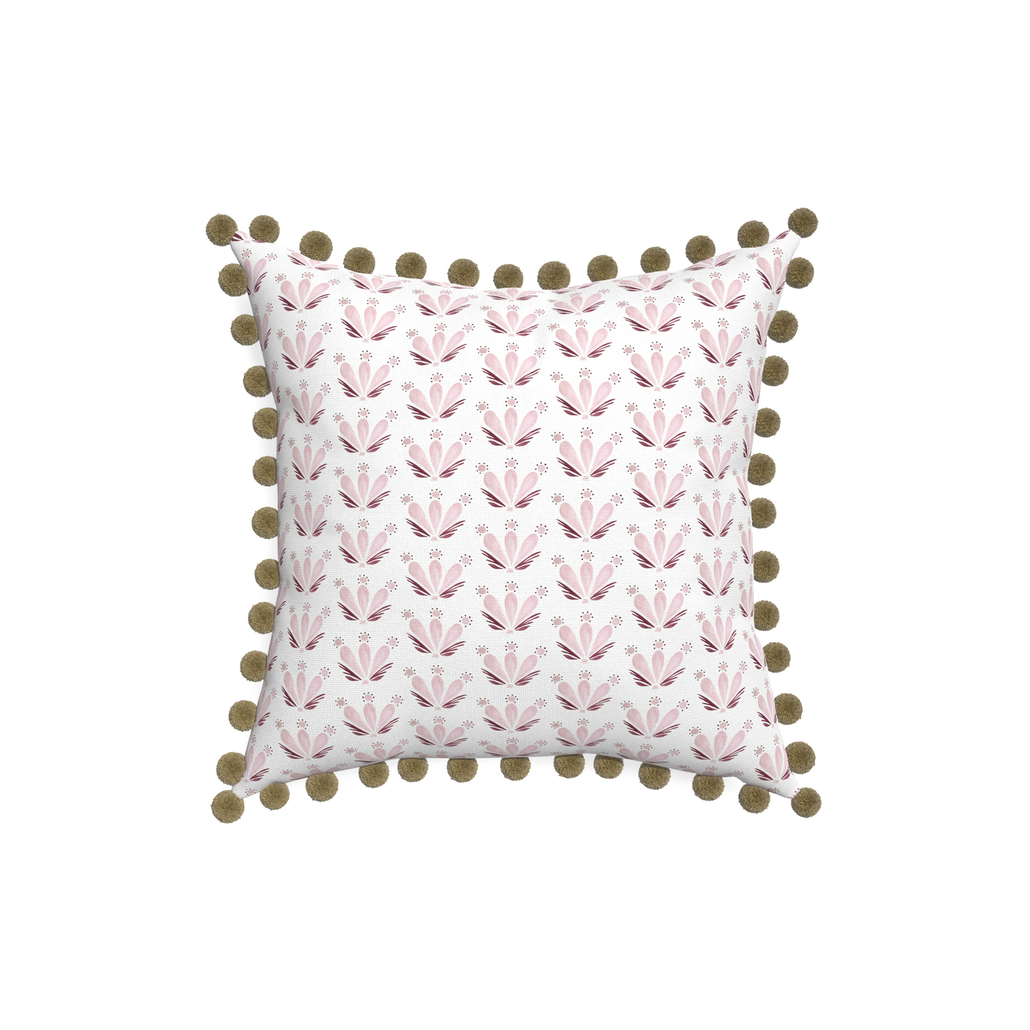 18-square serena pink custom pink & burgundy drop repeat floralpillow with olive pom pom on white background