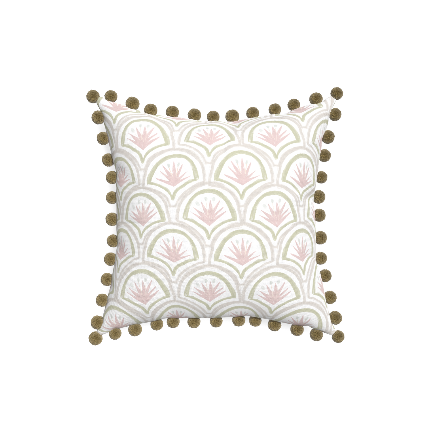 18-square thatcher rose custom pink & green palmpillow with olive pom pom on white background