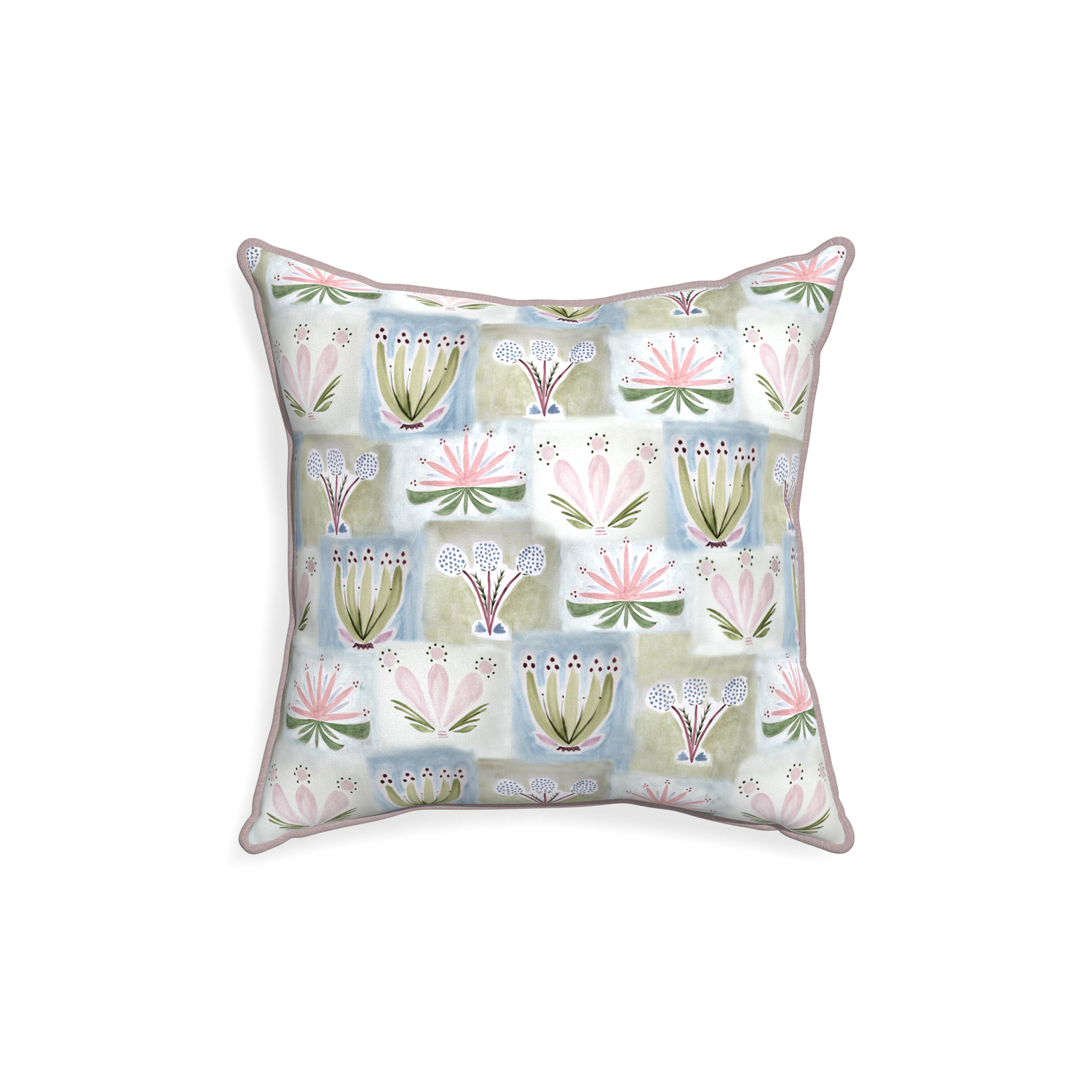 18-square harper custom hand-painted floralpillow with orchid piping on white background