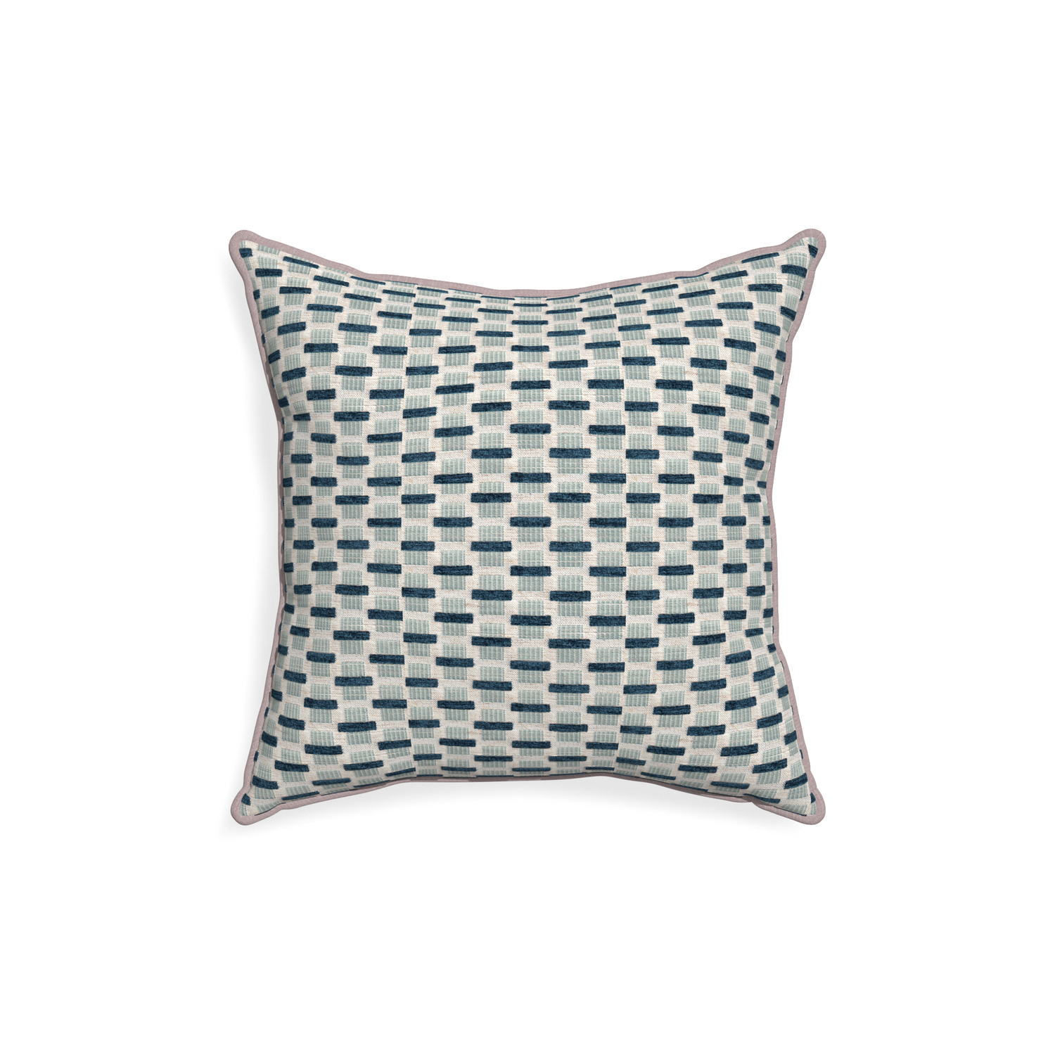 18-square willow amalfi custom blue geometric chenillepillow with orchid piping on white background