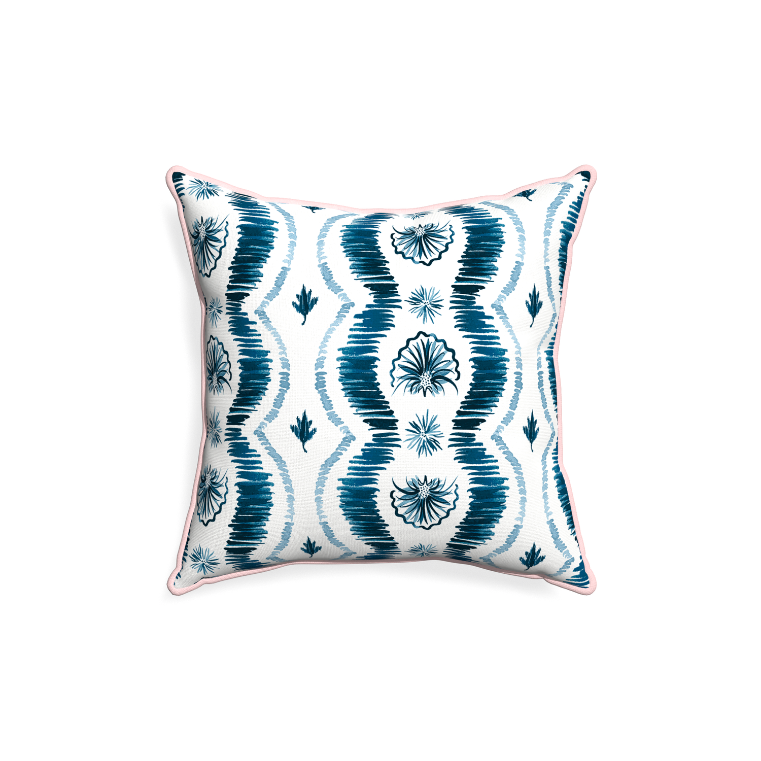 18-square alice custom blue ikatpillow with petal piping on white background