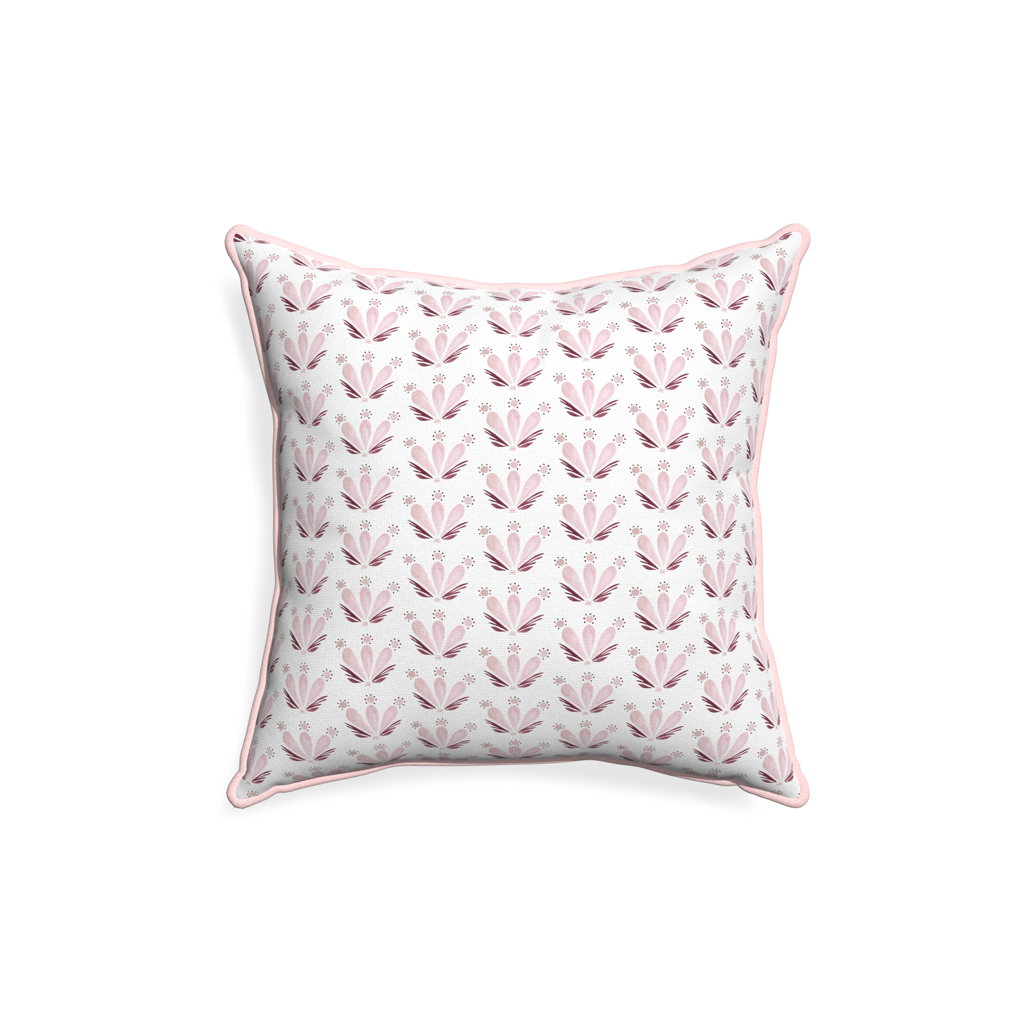 18-square serena pink custom pink & burgundy drop repeat floralpillow with petal piping on white background