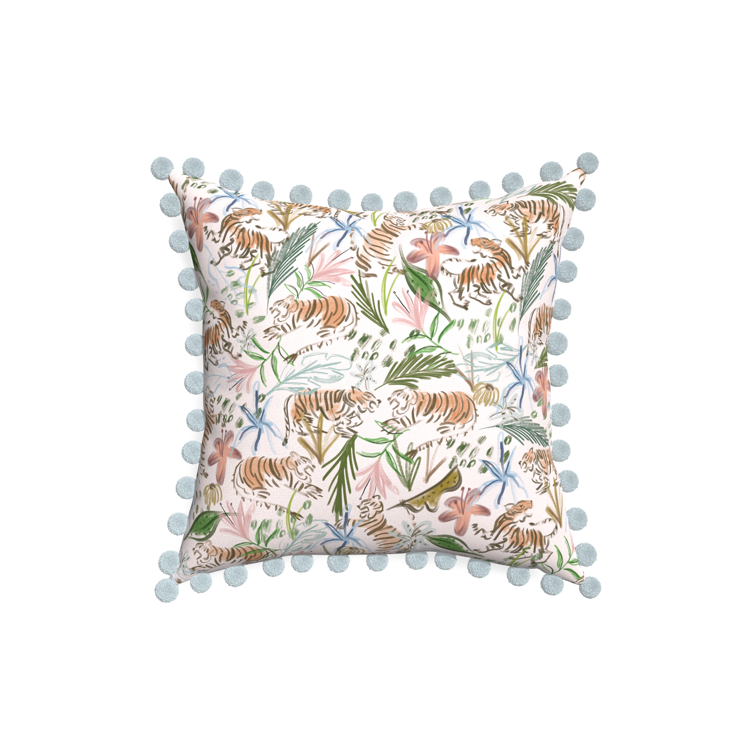 18-square frida pink custom pink chinoiserie tigerpillow with powder pom pom on white background