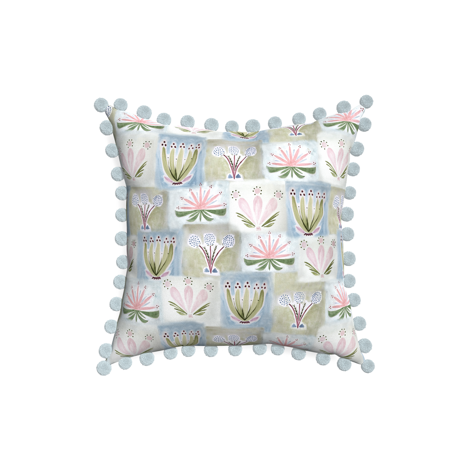 18-square harper custom hand-painted floralpillow with powder pom pom on white background