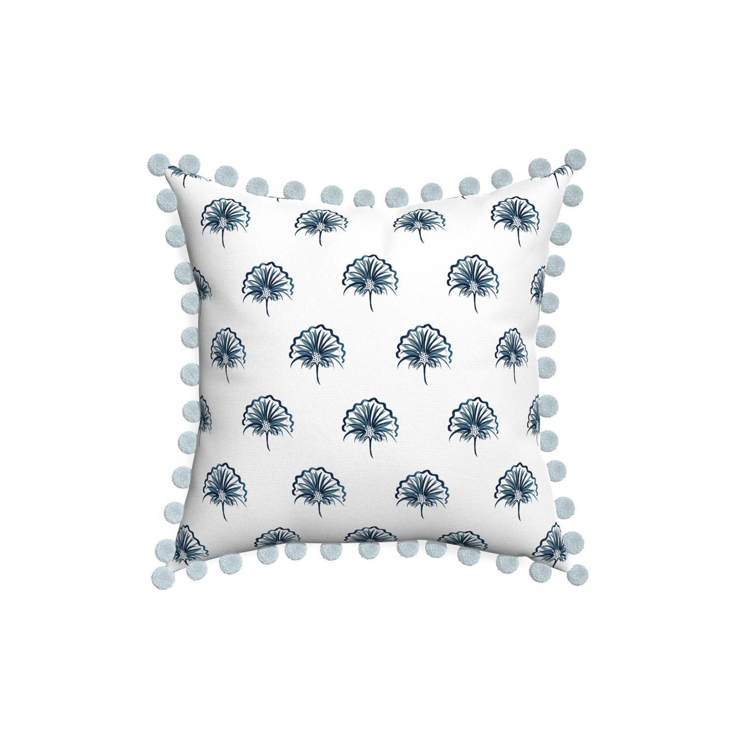18-square penelope midnight custom floral navypillow with powder pom pom on white background