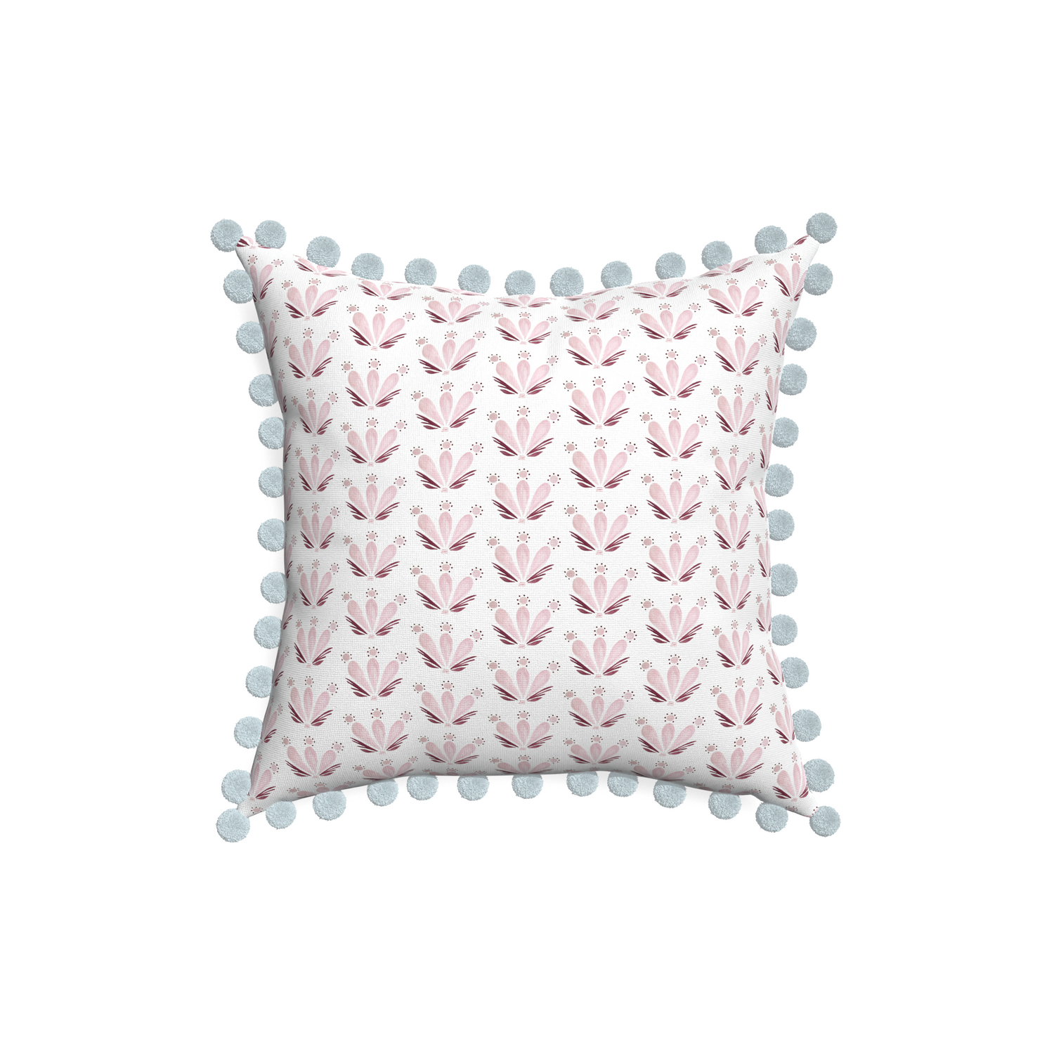 18-square serena pink custom pink & burgundy drop repeat floralpillow with powder pom pom on white background