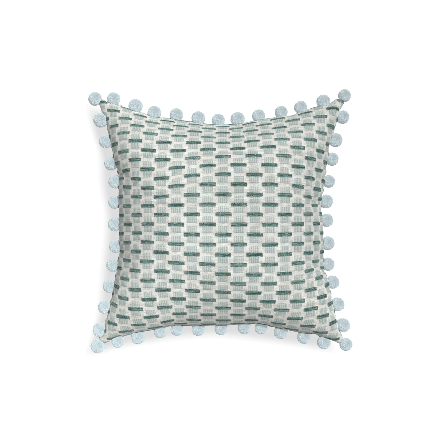 18-square willow mint custom green geometric chenillepillow with powder pom pom on white background