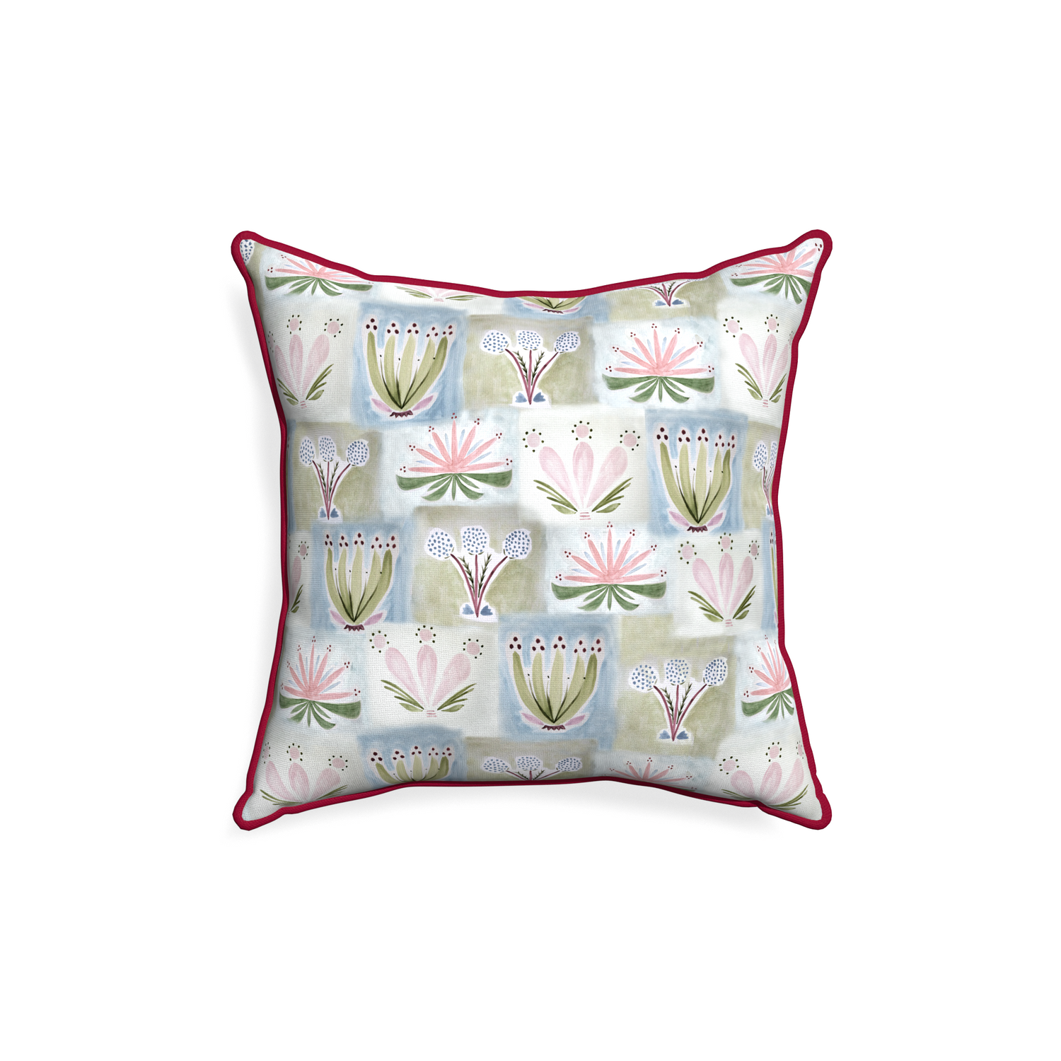 18-square harper custom hand-painted floralpillow with raspberry piping on white background