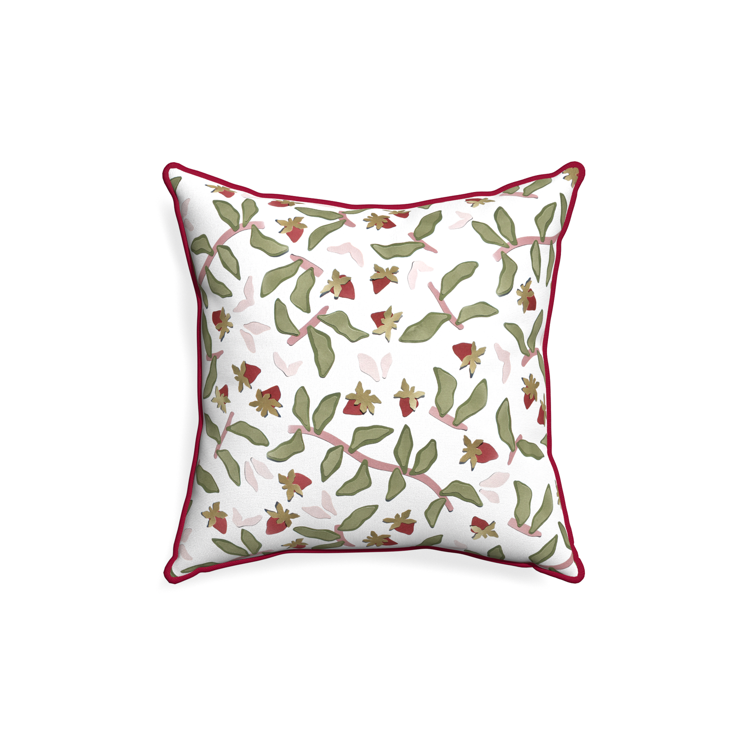 18-square nellie custom strawberry & botanicalpillow with raspberry piping on white background
