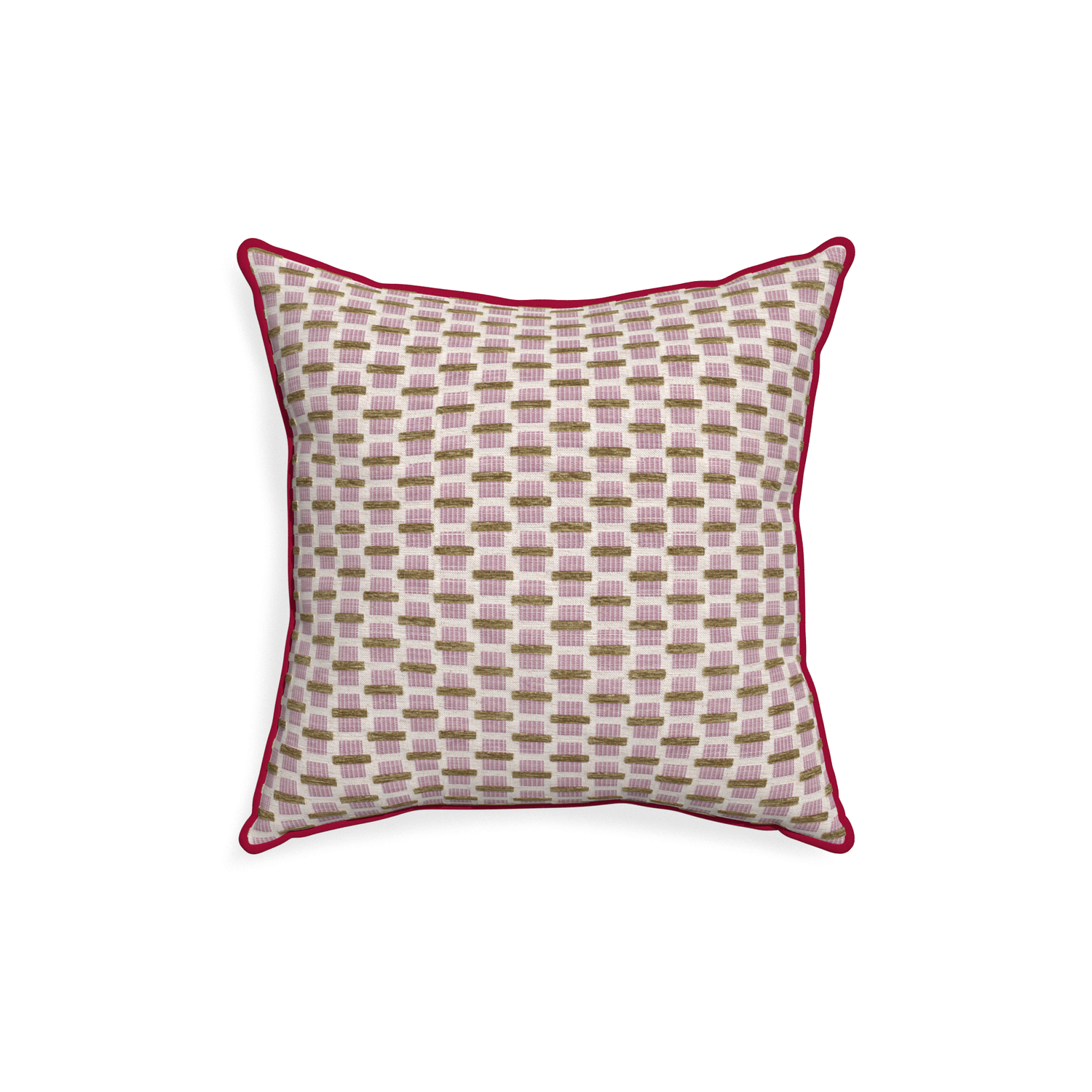 18-square willow orchid custom pink geometric chenillepillow with raspberry piping on white background