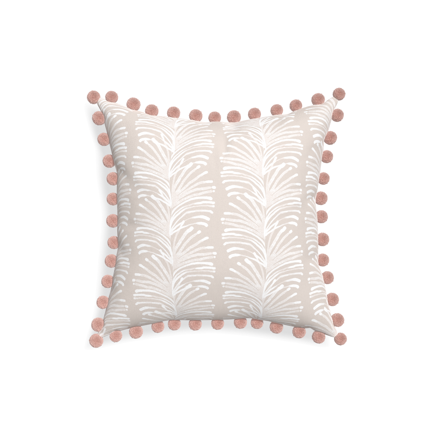 18-square emma sand custom sand colored botanical stripepillow with rose pom pom on white background