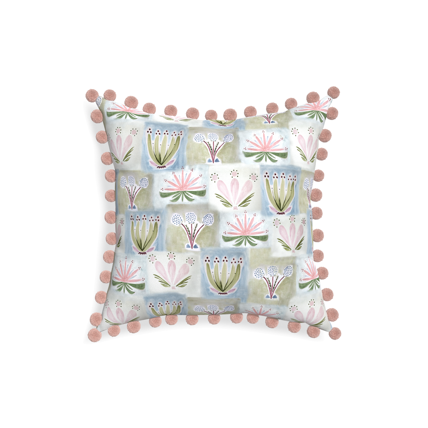 18-square harper custom hand-painted floralpillow with rose pom pom on white background