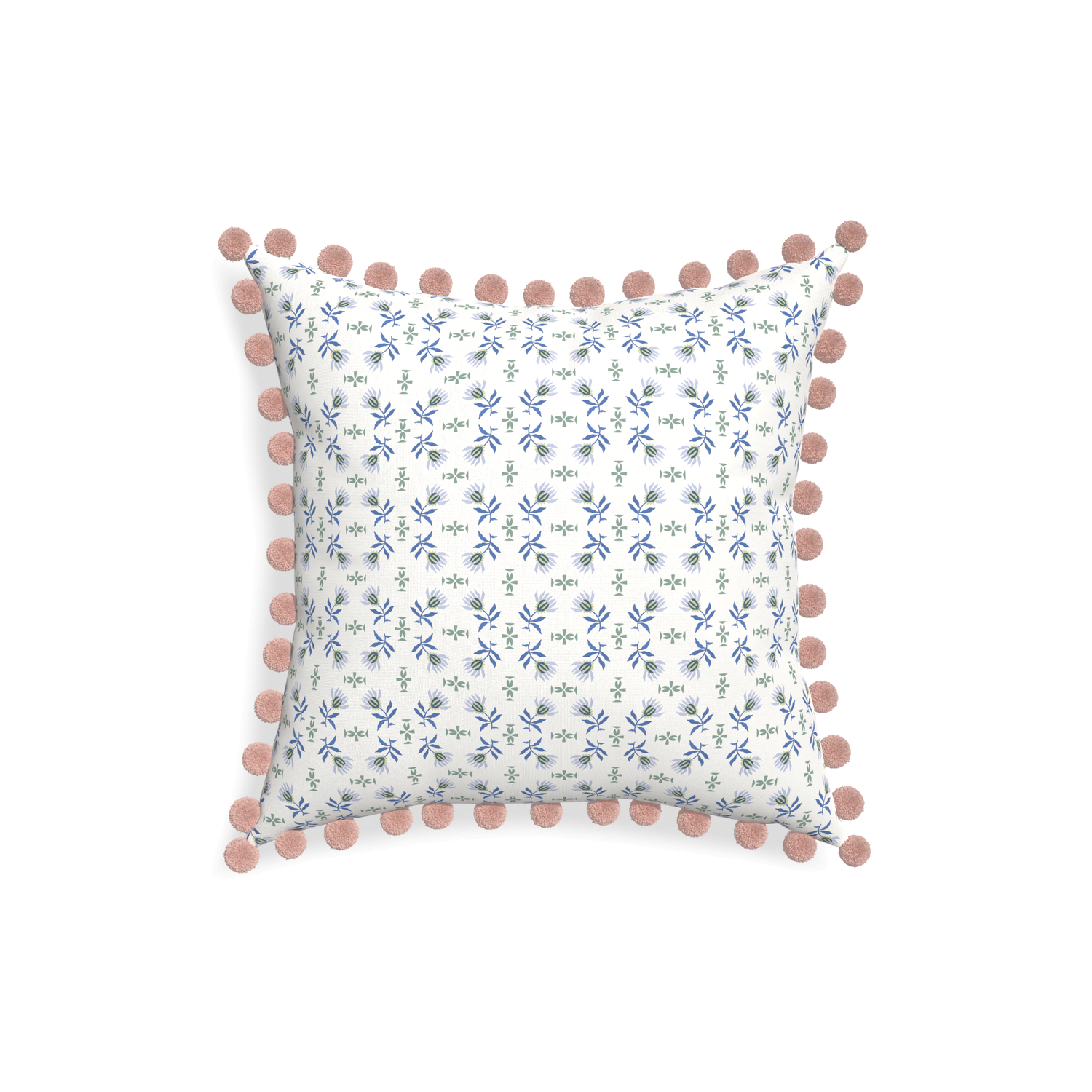18-square lee custom blue & green floralpillow with rose pom pom on white background
