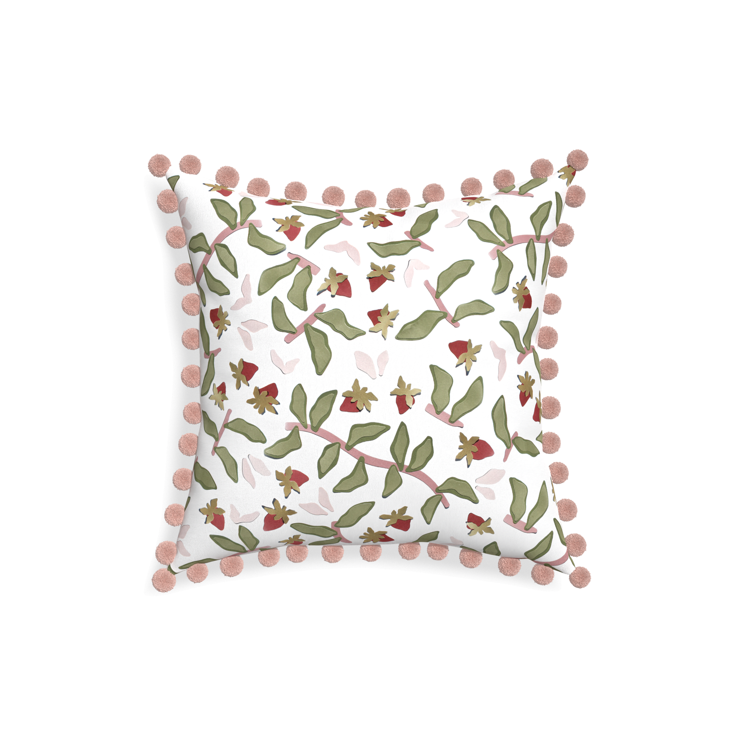 18-square nellie custom strawberry & botanicalpillow with rose pom pom on white background