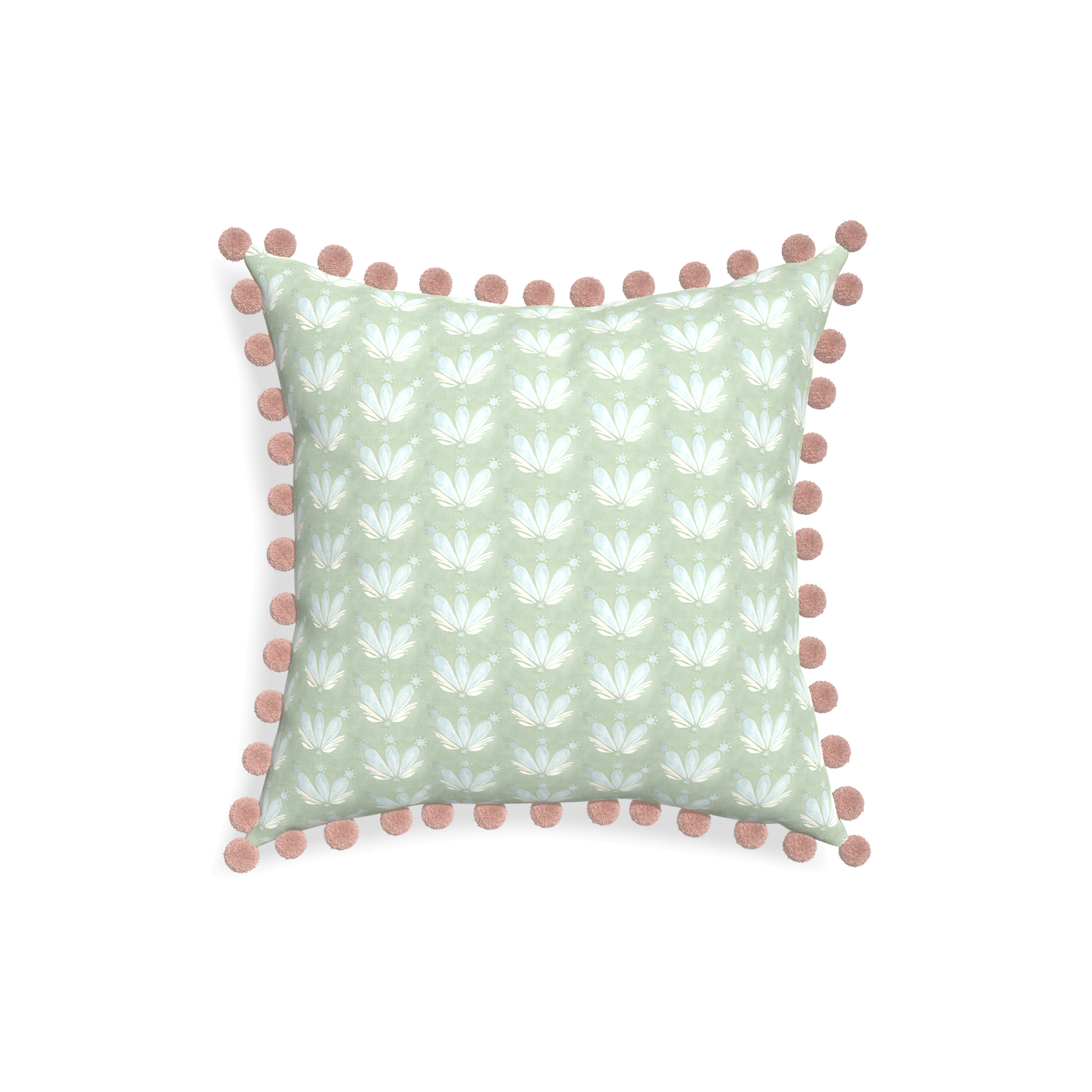 18-square serena sea salt custom blue & green floral drop repeatpillow with rose pom pom on white background