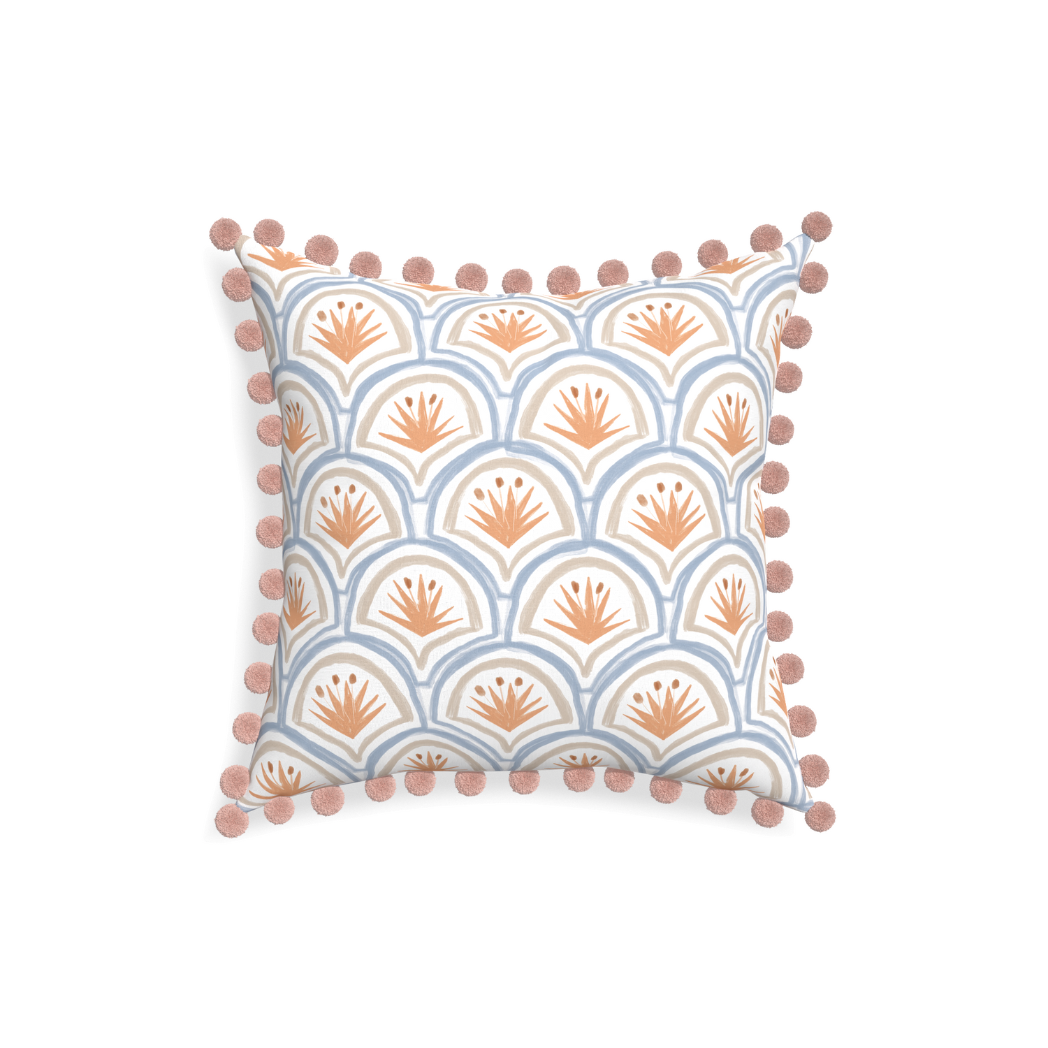 18-square thatcher apricot custom art deco palm patternpillow with rose pom pom on white background
