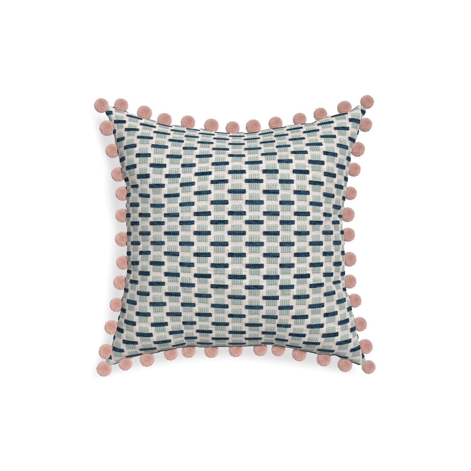 18-square willow amalfi custom blue geometric chenillepillow with rose pom pom on white background