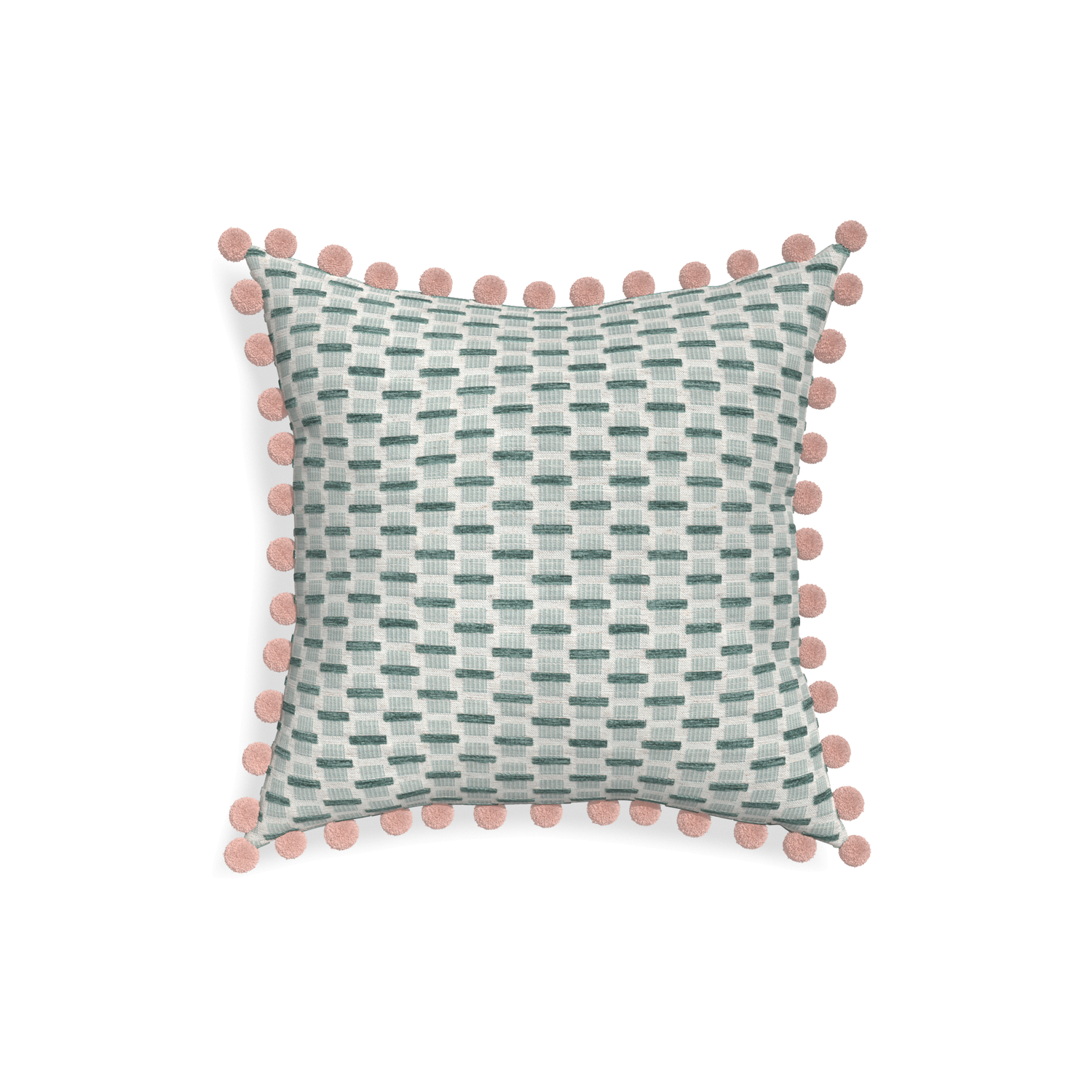 18-square willow mint custom green geometric chenillepillow with rose pom pom on white background