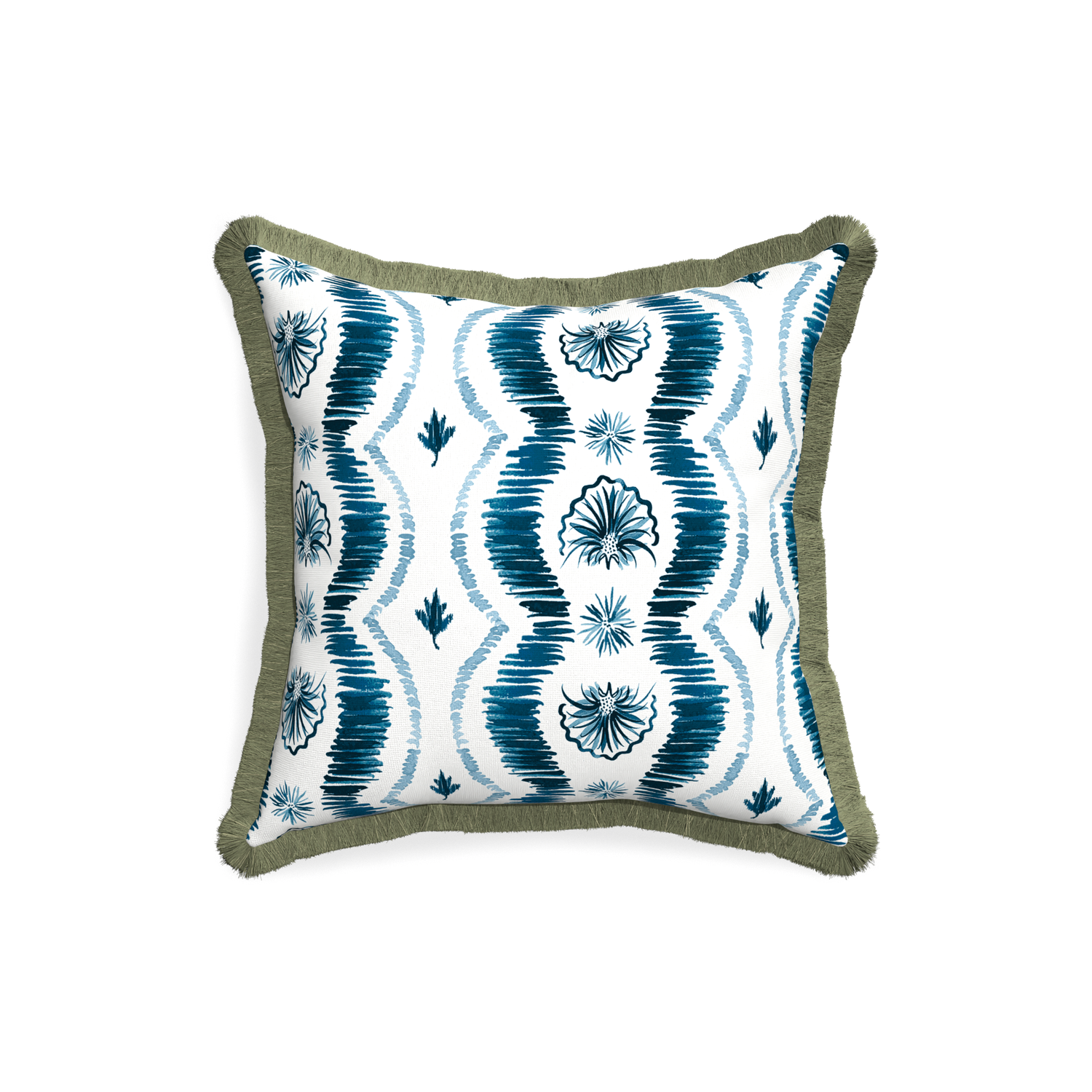 Square Blue Ikat Stripe Pillow with green fringe