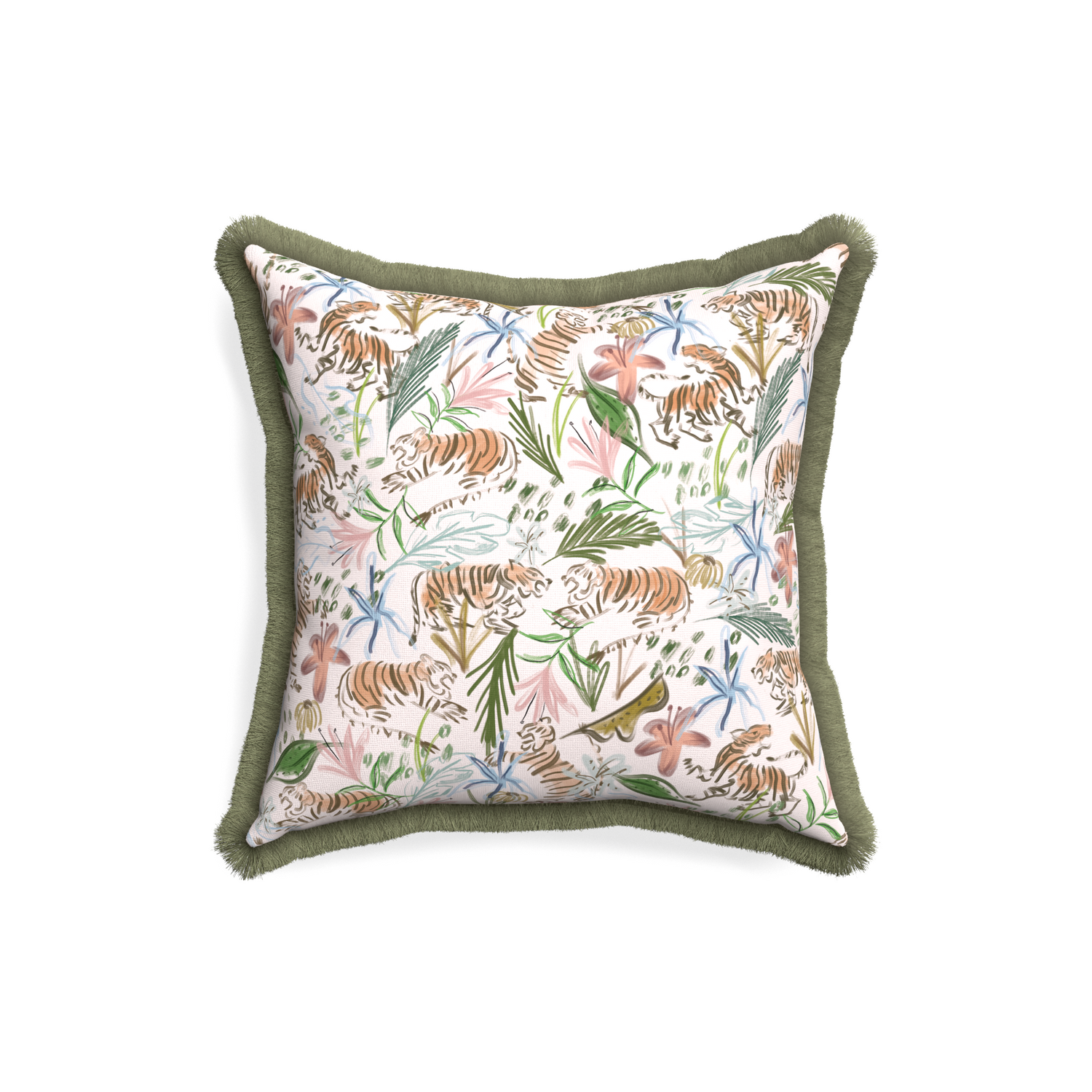 18-square frida pink custom pink chinoiserie tigerpillow with sage fringe on white background