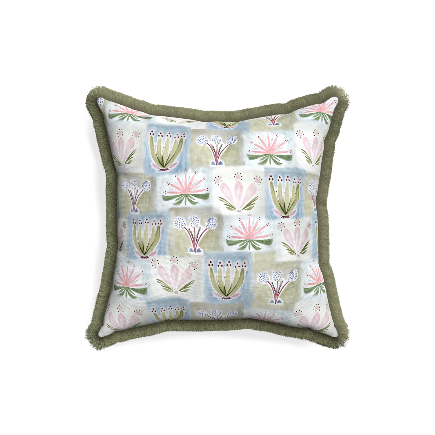 18-square harper custom hand-painted floralpillow with sage fringe on white background