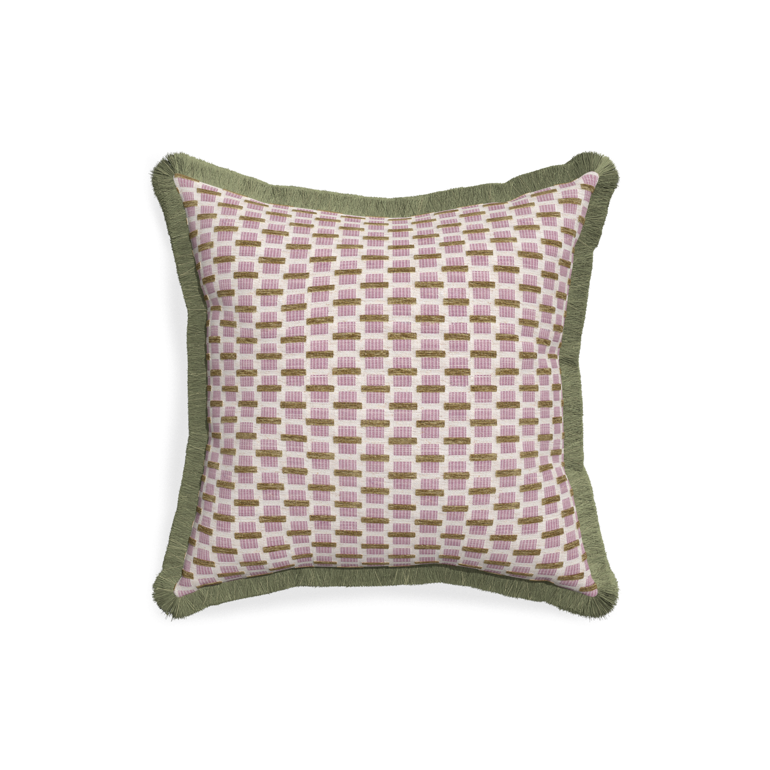 18-square willow orchid custom pink geometric chenillepillow with sage fringe on white background