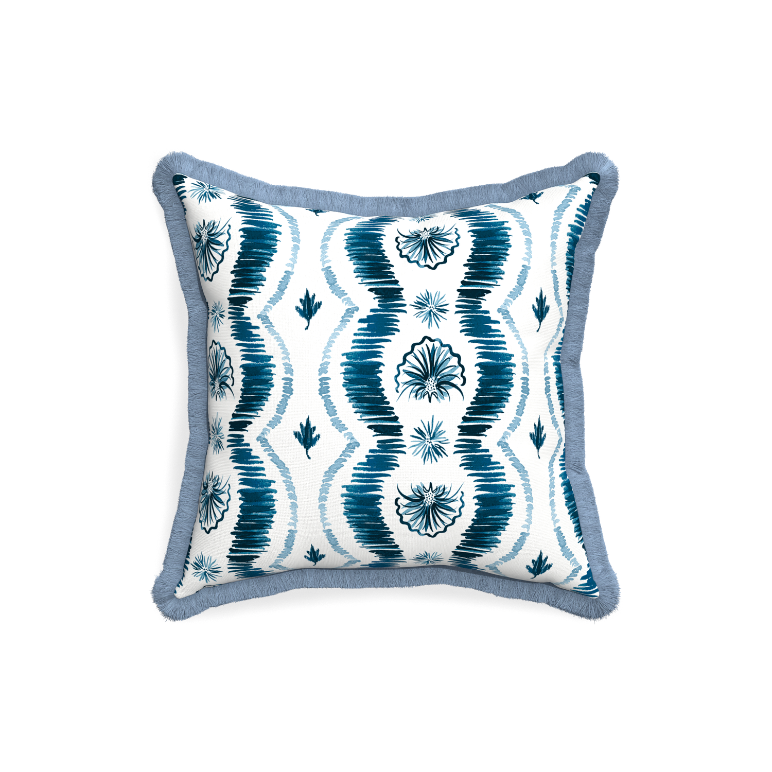 18 inch Square Blue Ikat Stripe Pillow with sky blue fringe